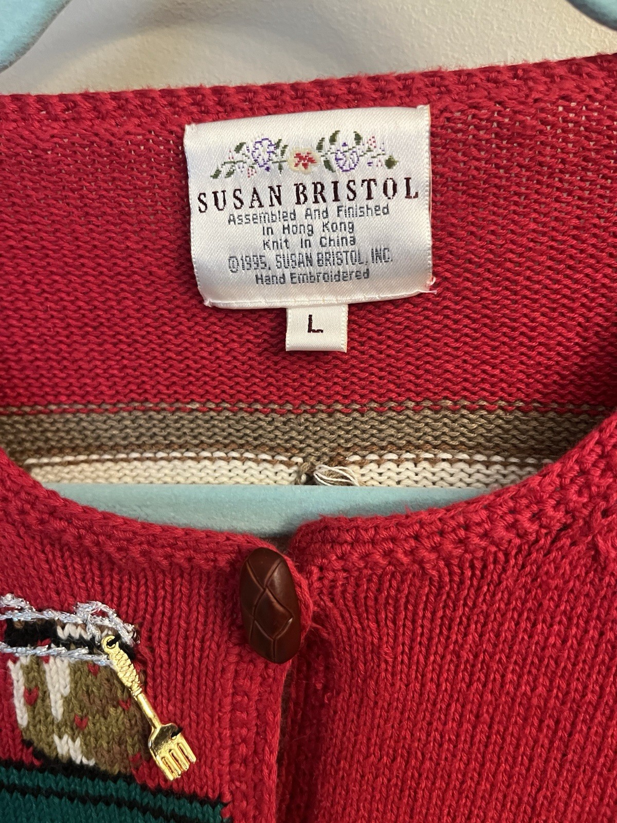 Vtg 90 Cardigan Sweater Susan Bristol Hand Knit Embroidery Kitchen Pie Baking L