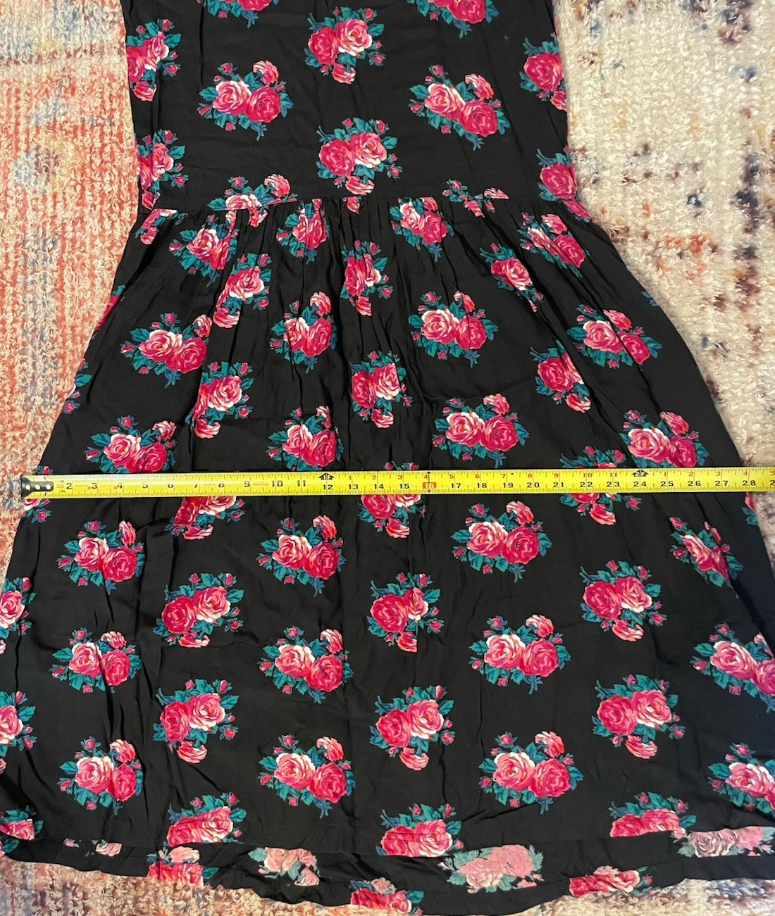 Vintage 80s Peppers Black Pink Rose Print Midi Dress M Rayon Drop Waist LS