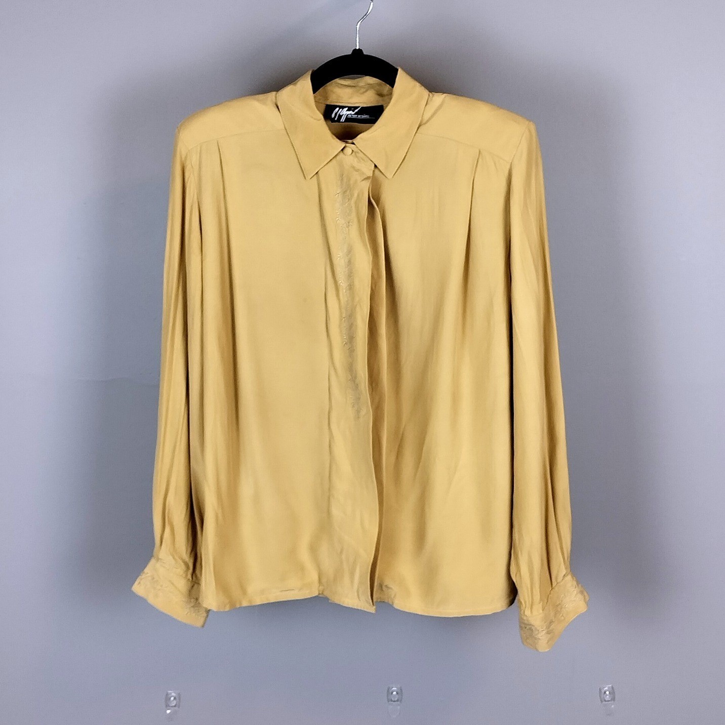 Vintage Silk Embroidered Button Down Blouse Sand Tan 6 Peter Nygard