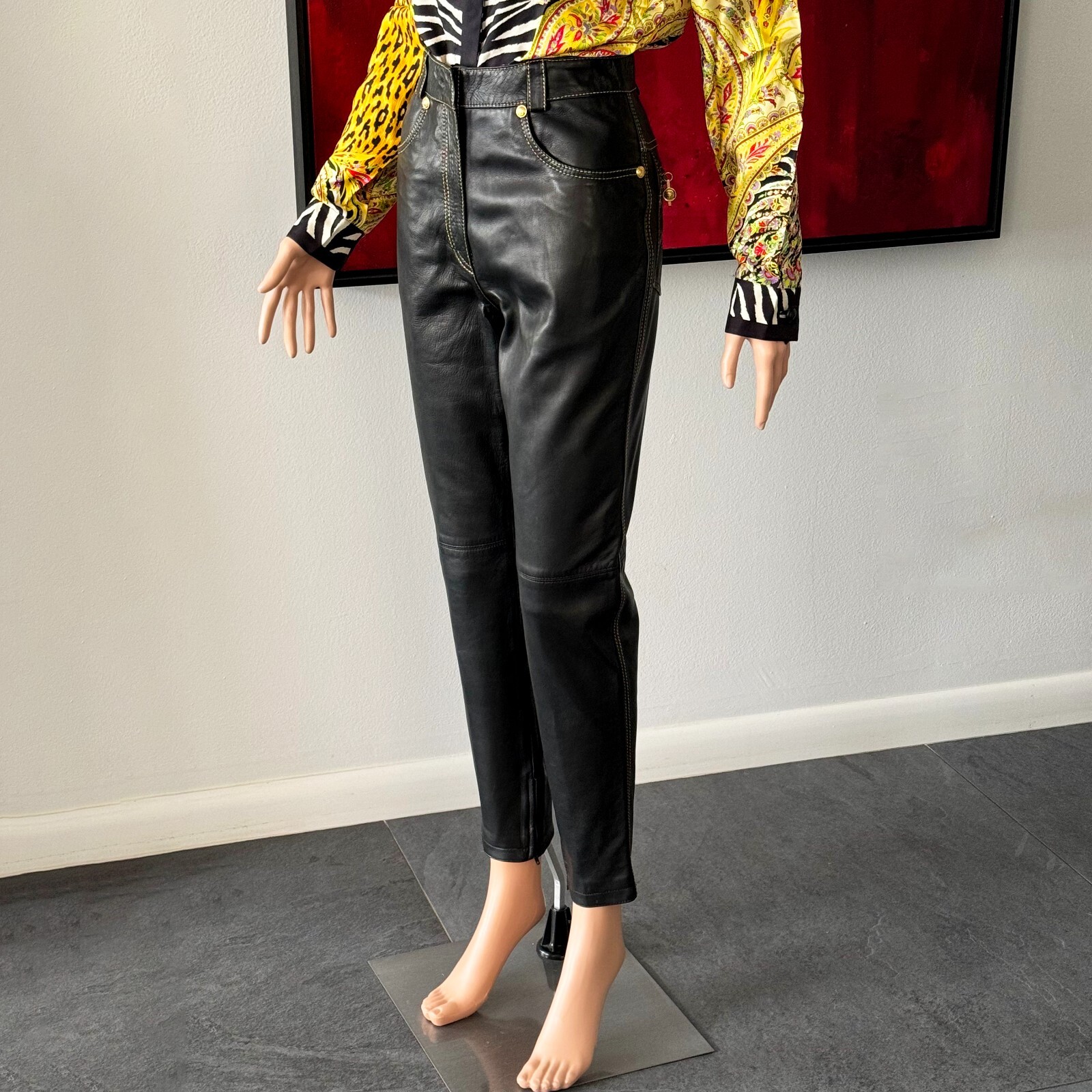 GIANNI VERSACE black leather pants w/ gold stitch size IT 42 from F/W 1992/93
