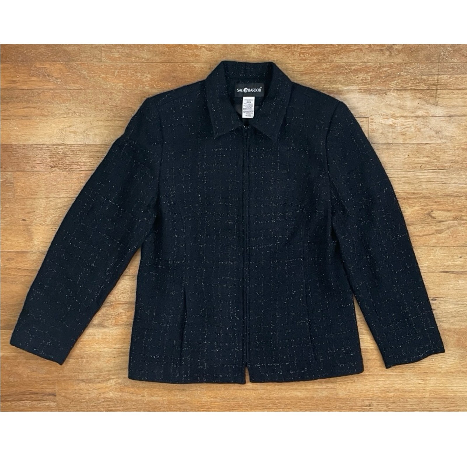 Vintage Black Metallic Tweed Jacket Size Medium 90s Woven Acrylic Tweed Blazer