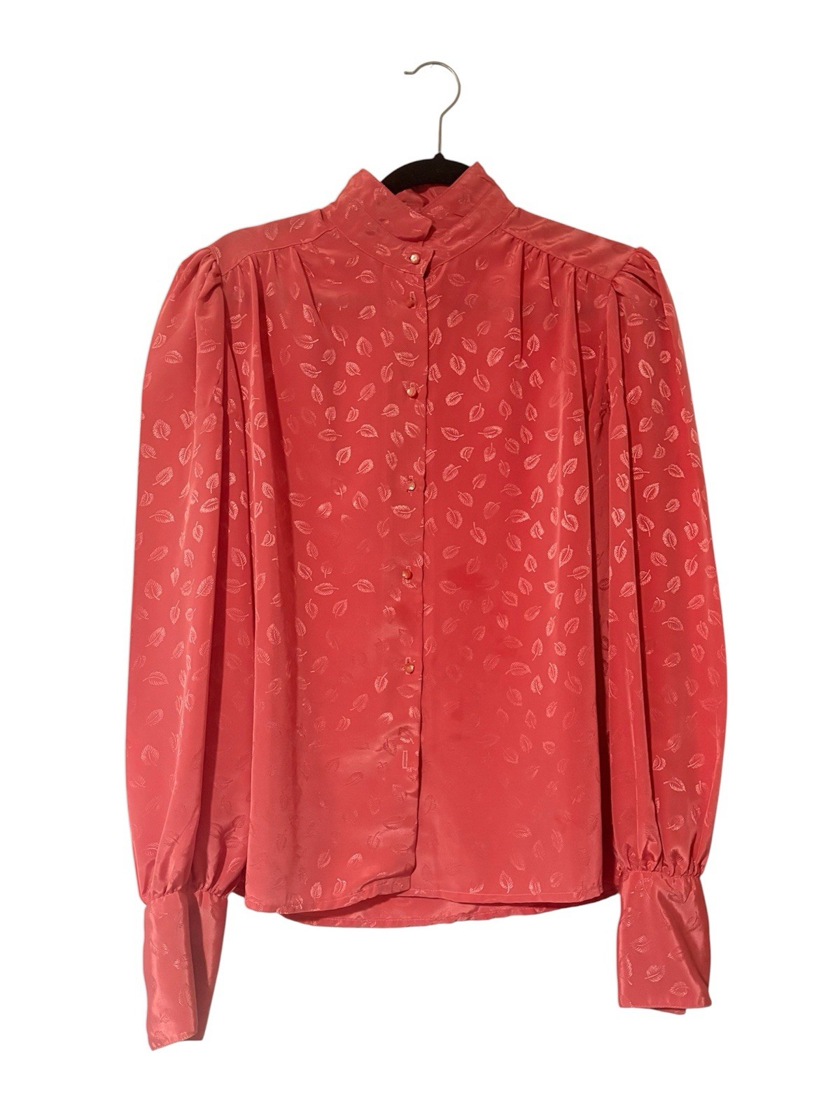 1980s True Vintage Coral Blouse With Botanical Details Size 14 Long Sleeve