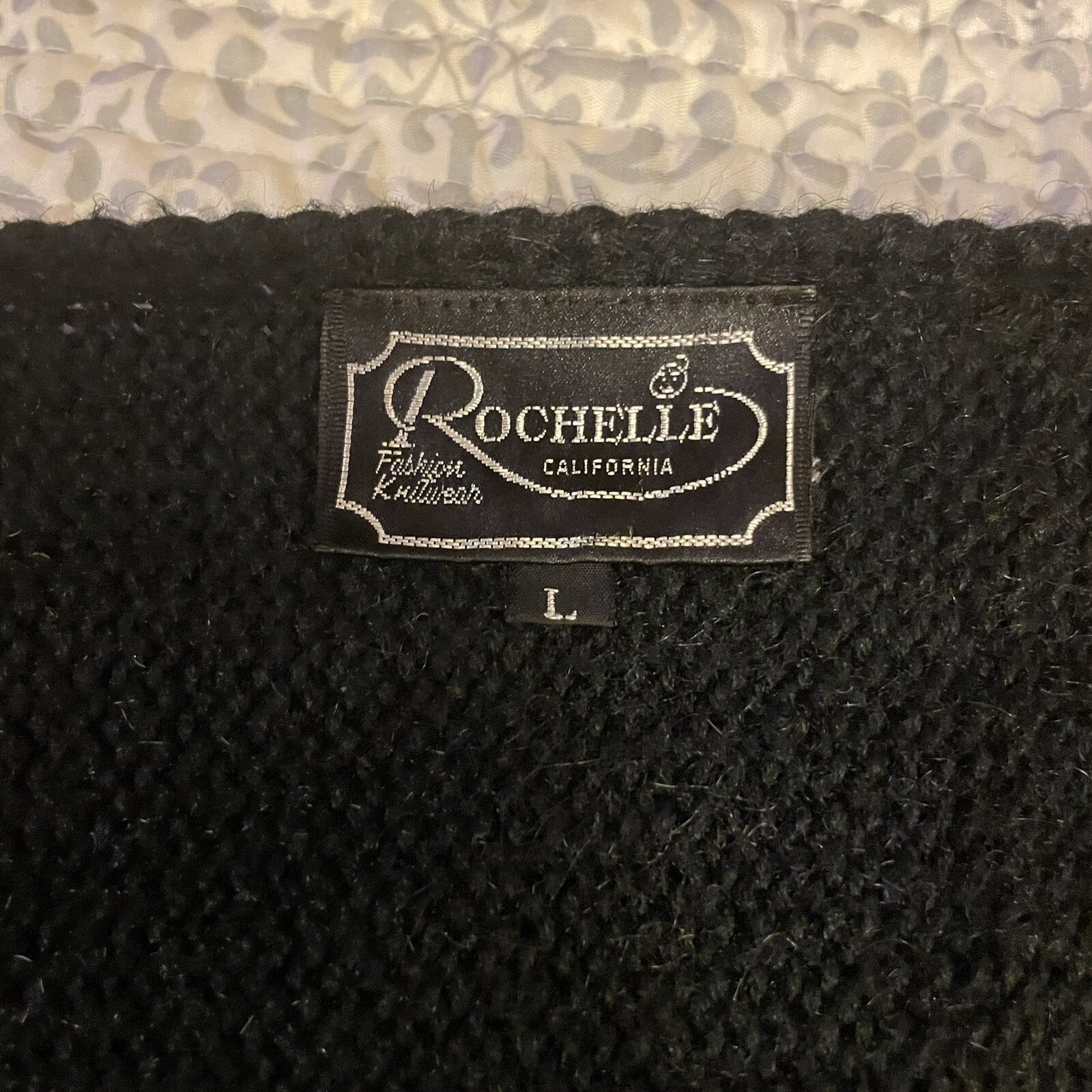 Vtg Rochelle California Black Floral V-Neck Sweater Size Large 80s