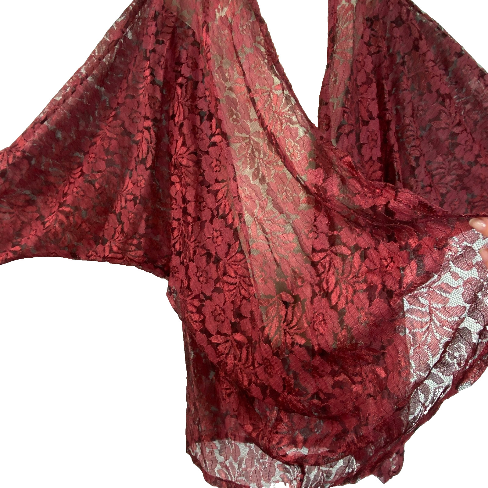 Vintage 1990s burgundy lace MARY MCFADDEN kimono open front top pink red sheer