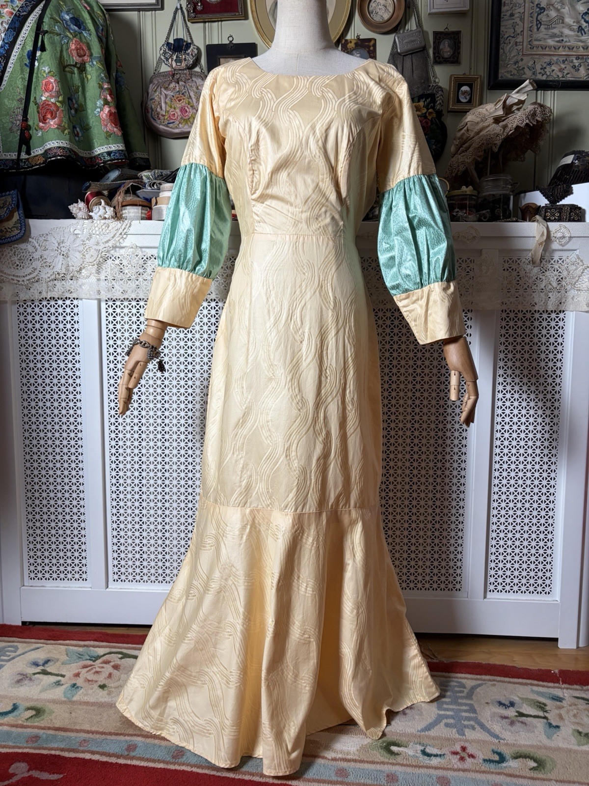 Vintage 1970s Medieval Style Gown, Blue & White Cotton Jacquard