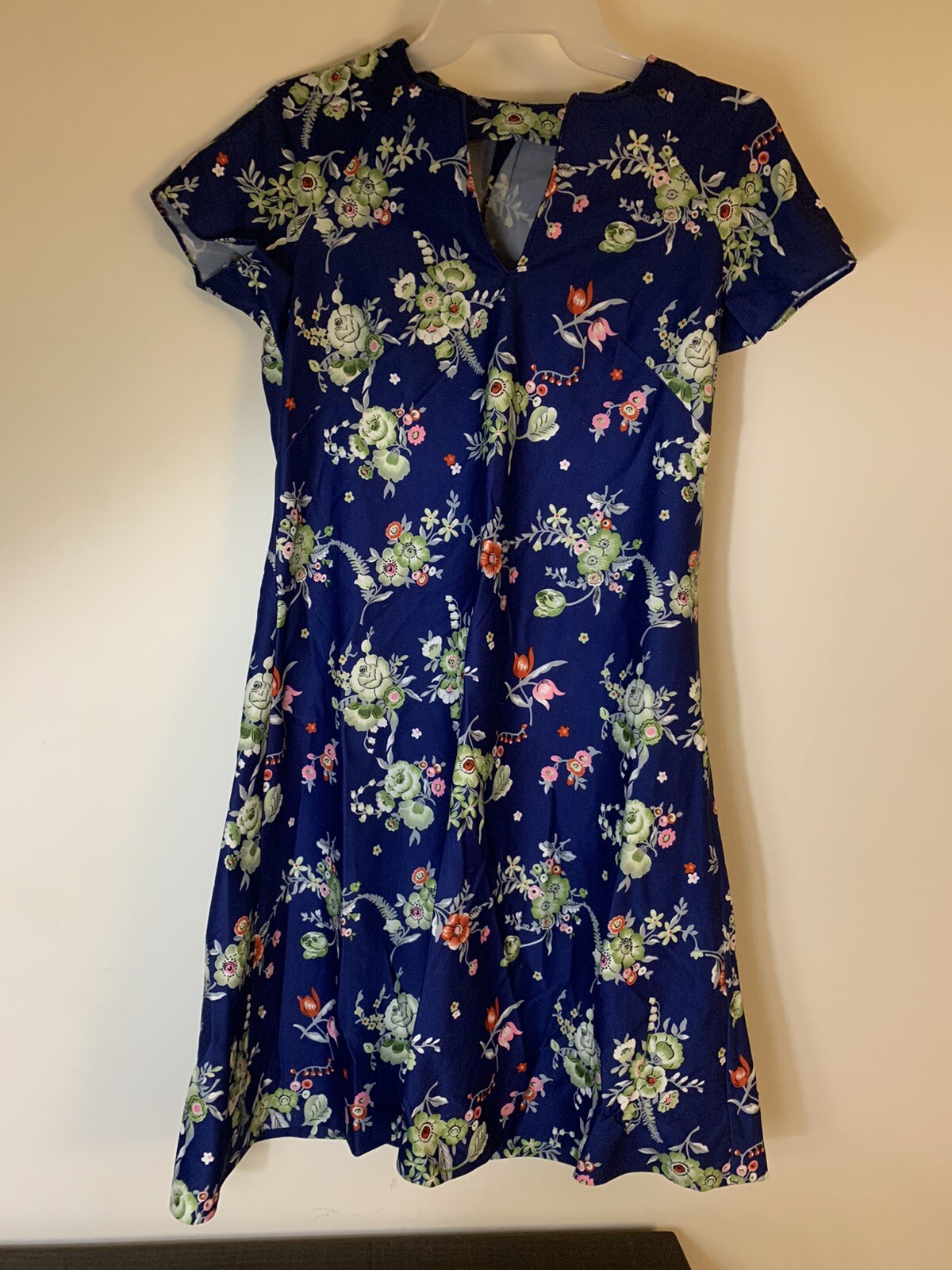 Vintage Late 60’s Early 70’s Handmade Mini Dress Dark Blue Floral Print