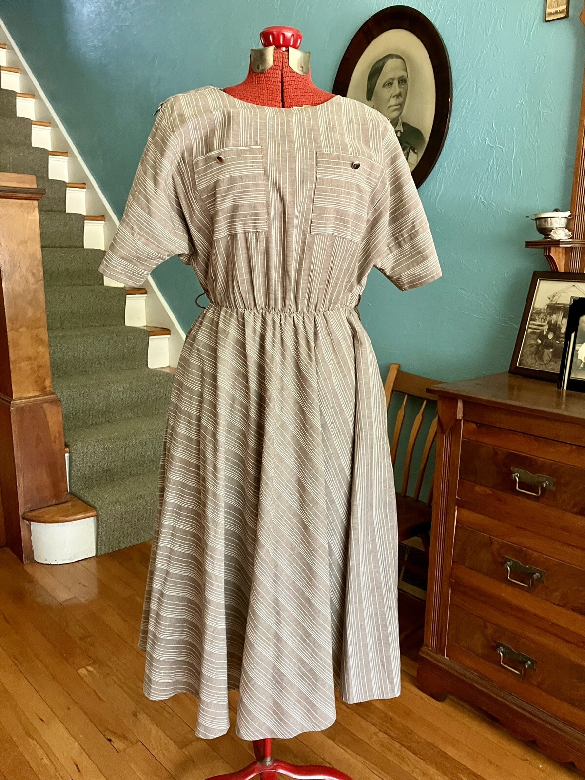 Vintage 80s/50s New Raves Striped Cotton Blend Kimono Sleeve Dress Pockets SM