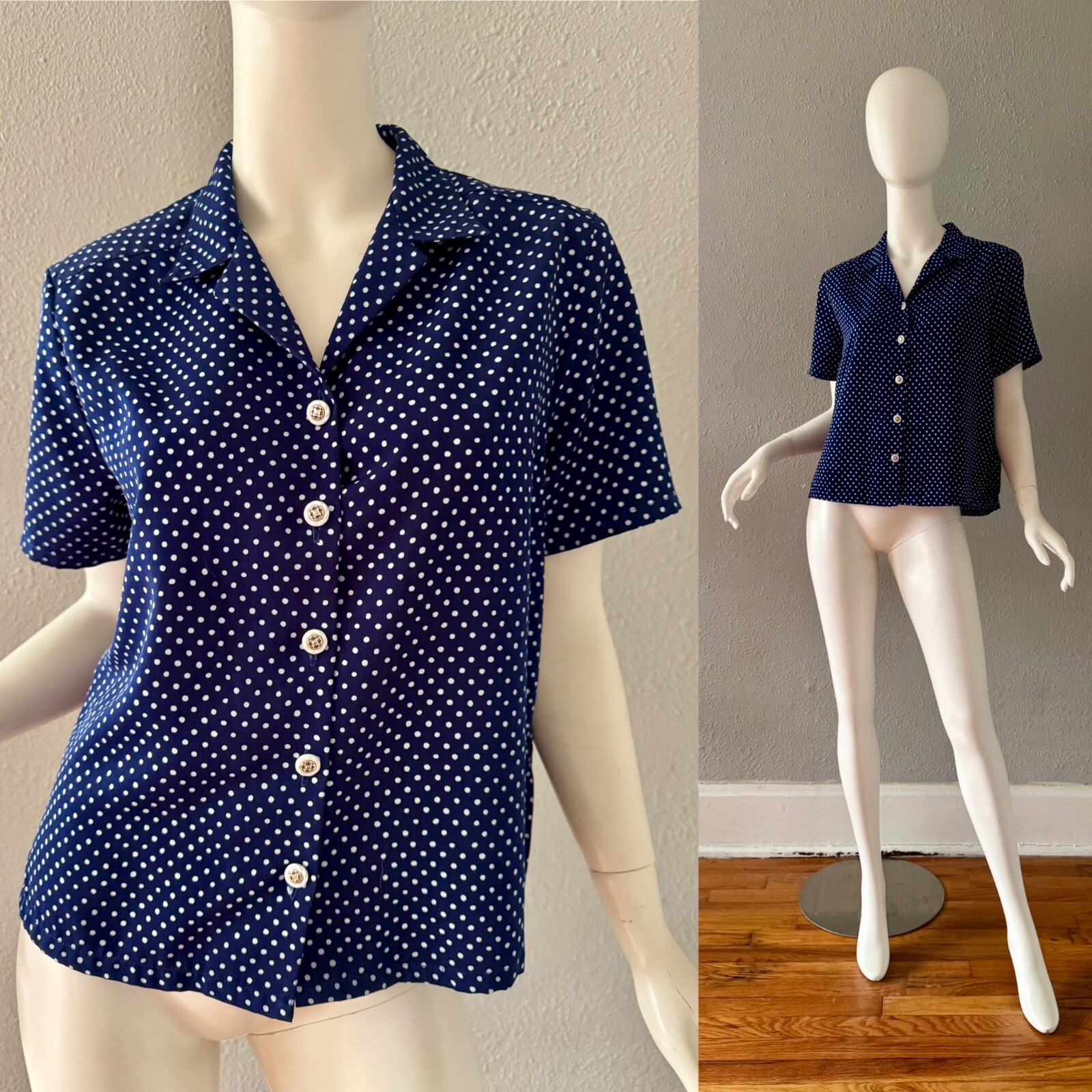Vintage 80s Navy Blue Polka Dot Nautical Boxy Button Top Blouse M