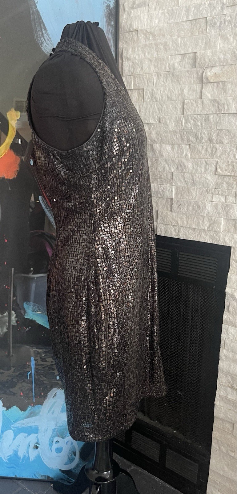 Vintage Cache Square Sequin Strechy Short Dress Back Cut Out Size 14