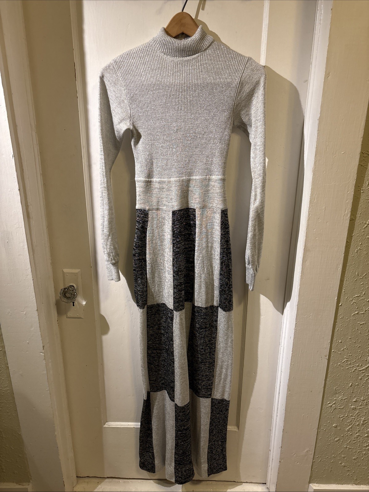 Vintage 1970s Wenjilli Metallic Silver Black Glitter Fitted Maxi Dress Size S/M