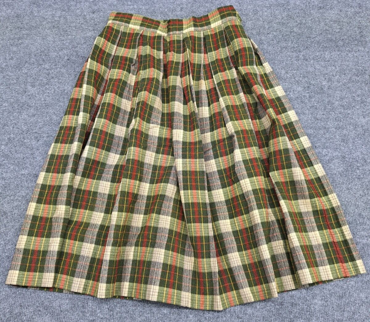 Vtg Alex Colman Pleated Wool Blend? Green Plaid Side Zip 26″ Waist Skirt