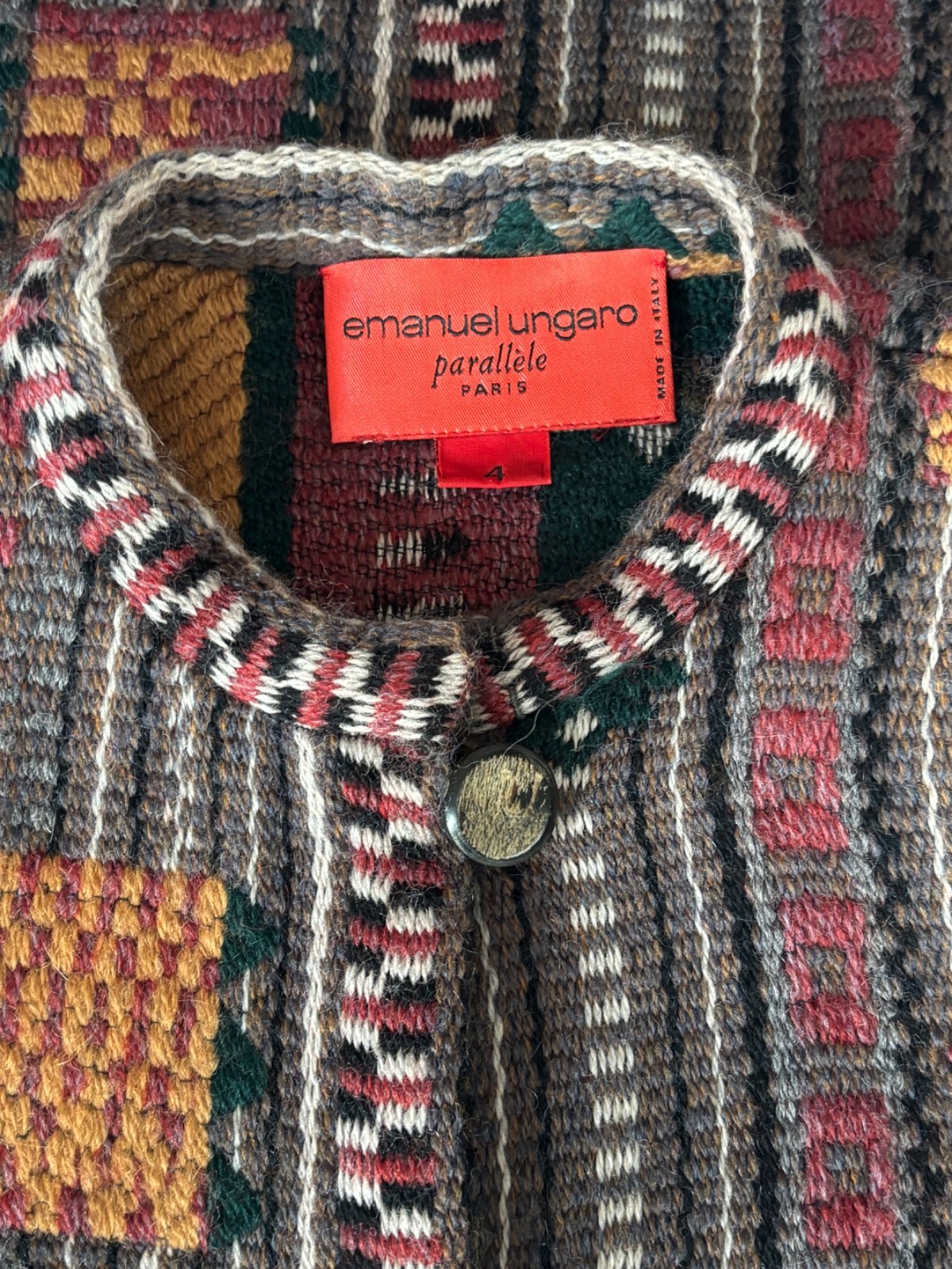 VTG EMANUEL UNGARO GRAY-BROWN SOUTHWEST NATIVE PRINT CARDIGAN SWEATER JACKET*S 4