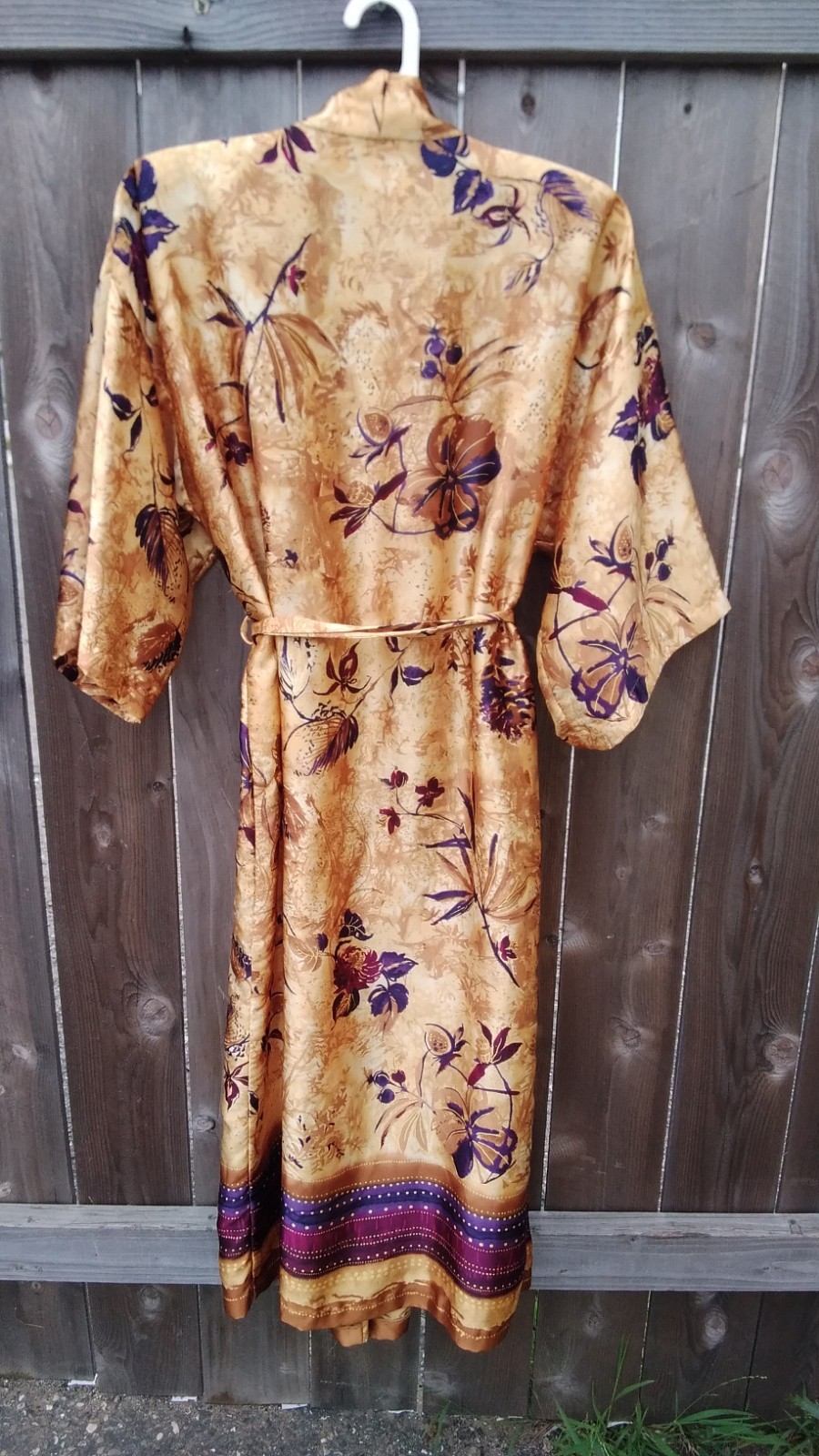 Vintage Womens Robe Silky Belted 80s Gold Purple Print Shoukder Pads Small