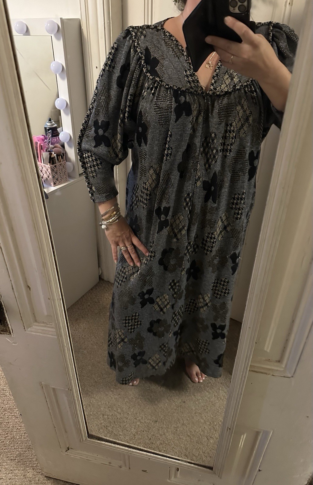 Stunning David Brown, 1970s metallic balloon sleeve houndstooth flower dress