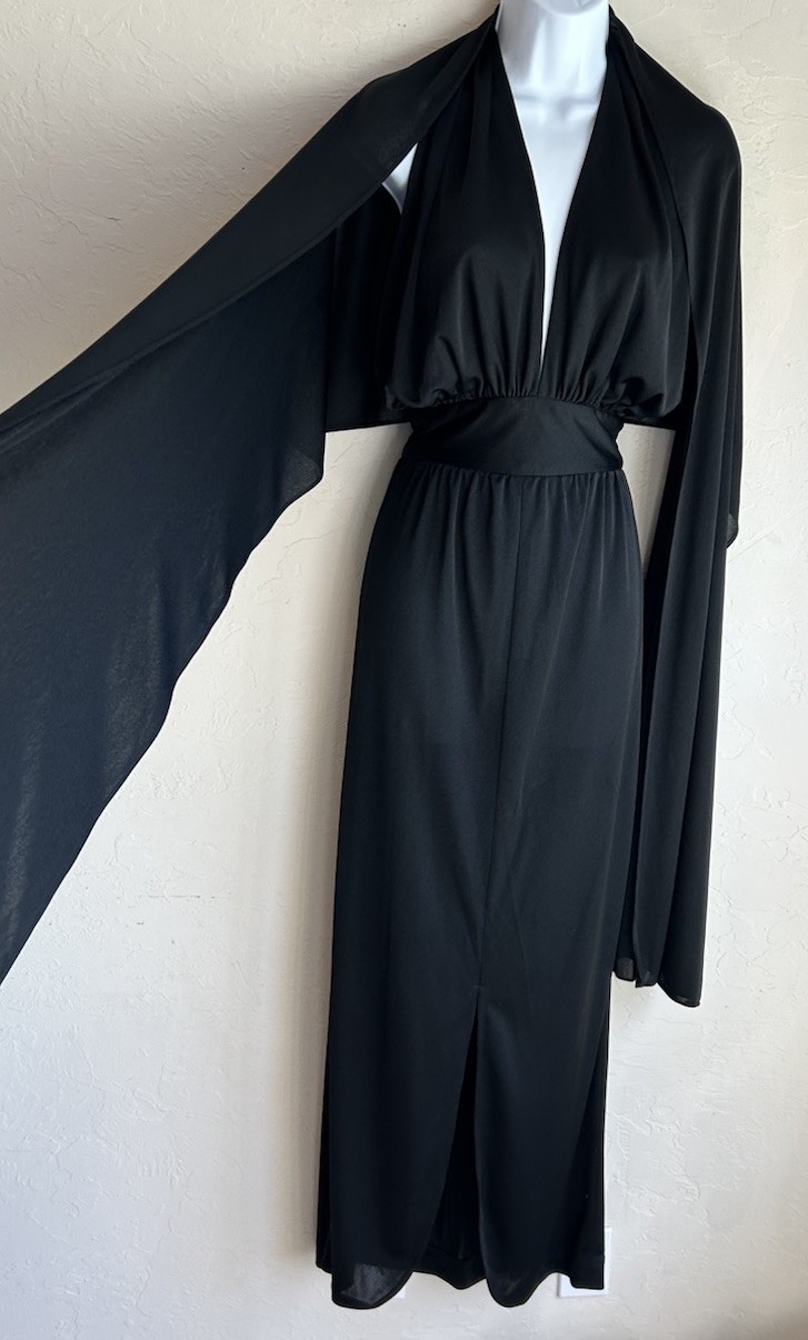 Vintage 1970s Joy Rhodes Kuniko Black Halter Maxi Dress XS Open Back Shawl Cape