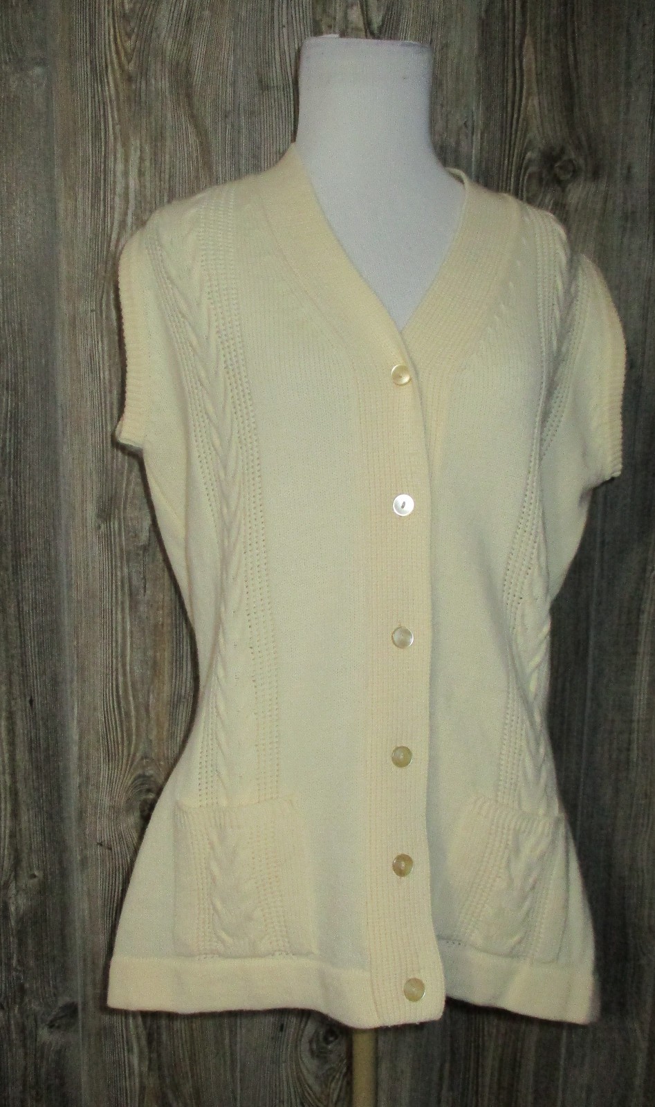 Vintage 70s Cream Knit Sweater Vest Button Down School Girl Boho Grunge Sz Large