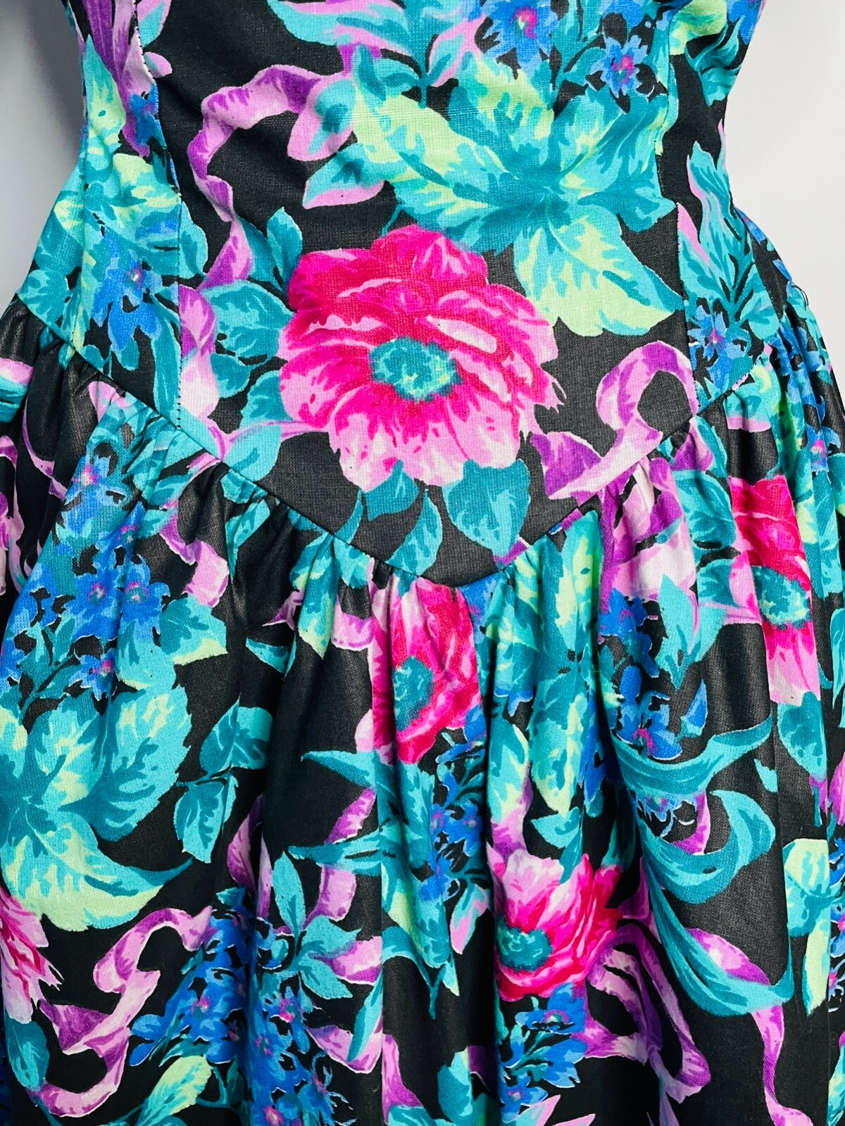 EUC!!VTG 80’S EXPO BLACK BLUE PINK FLORAL PLEATED MIDI TEA GARDEN PARTY DRESS*S