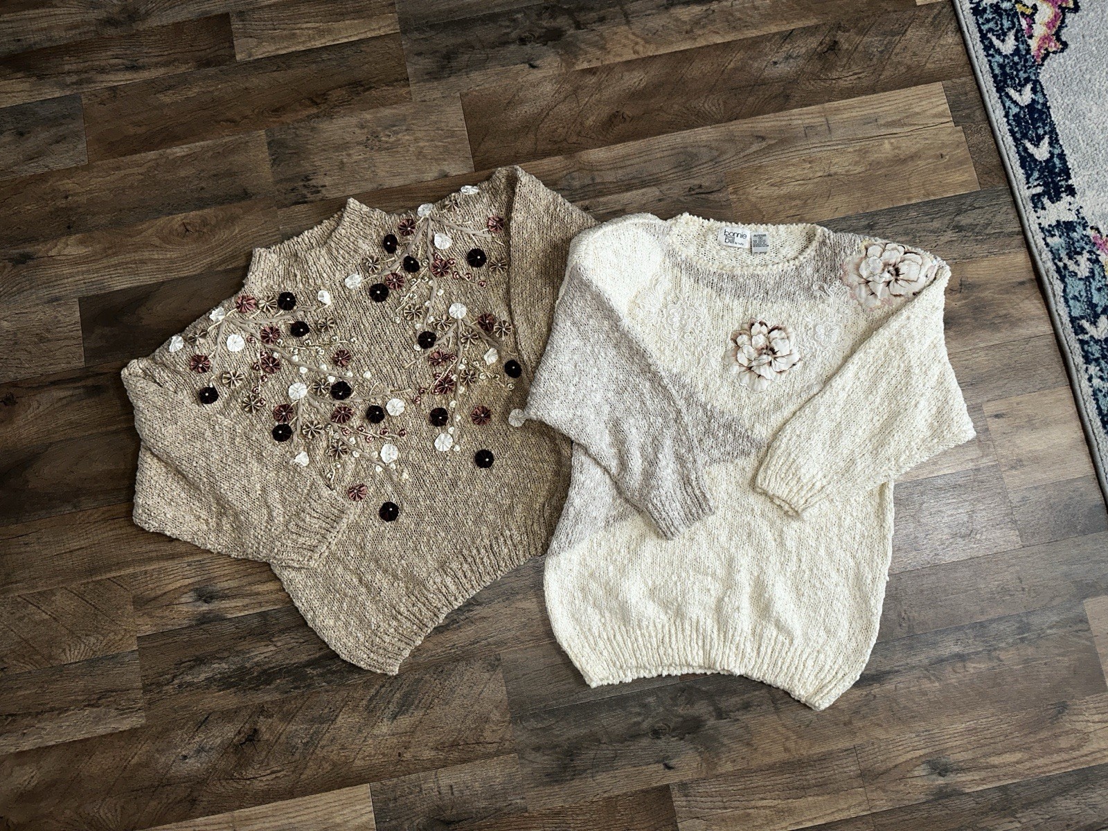 TWO Vintage 80s Bonnie & Bill Applique Sweaters M Chunky Knit Artsy Flower Boho