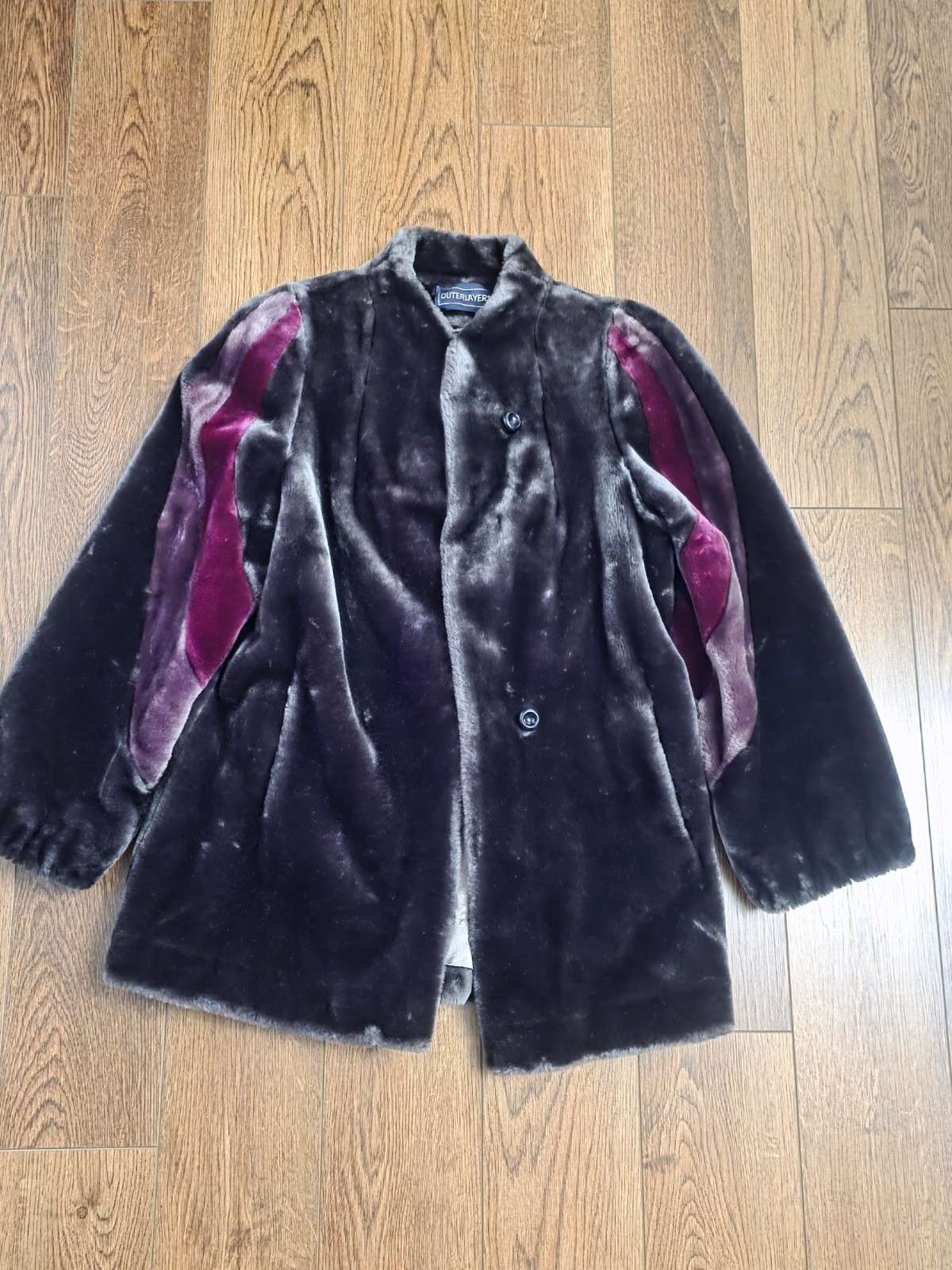 Vintage 80s Outerlayers Coat Faux Fur S 7/8 Dark Gray Mauve Burgundy Mob Wife
