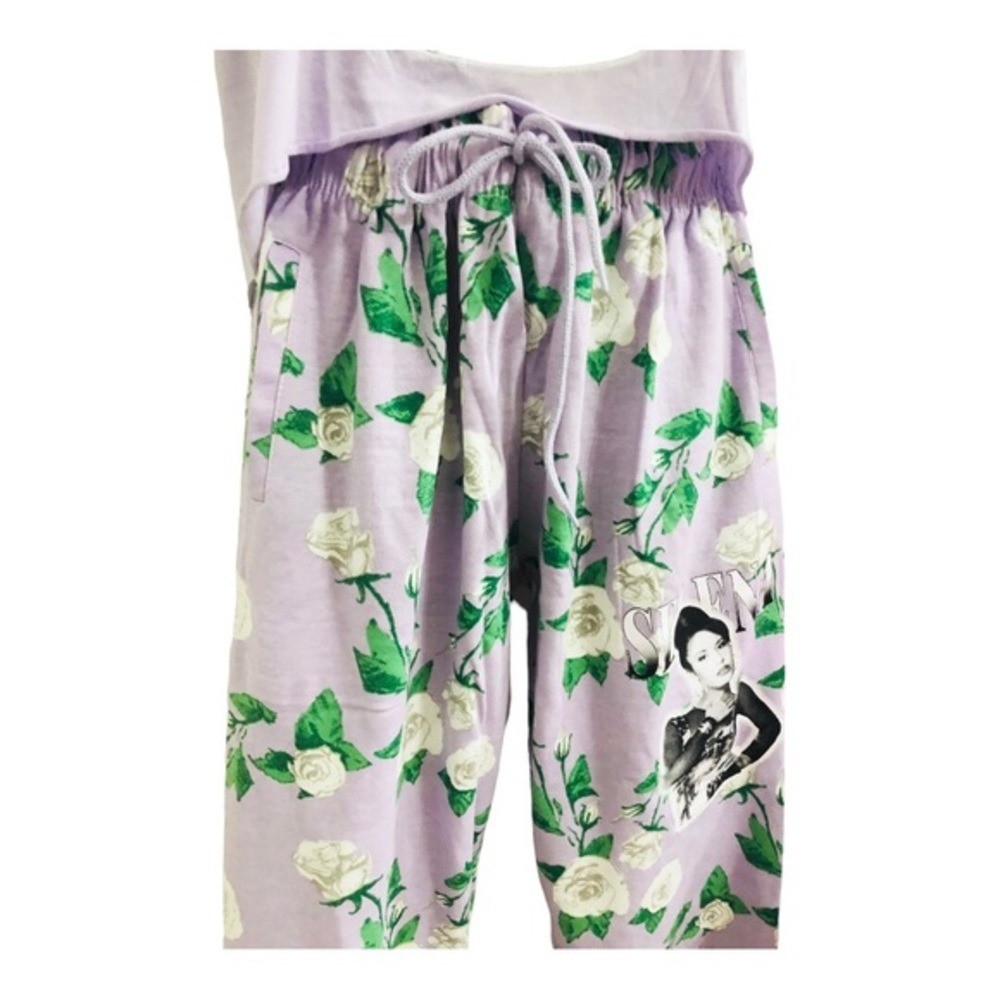 Selena purple white green floral crop shirt & joggers set size large brand new