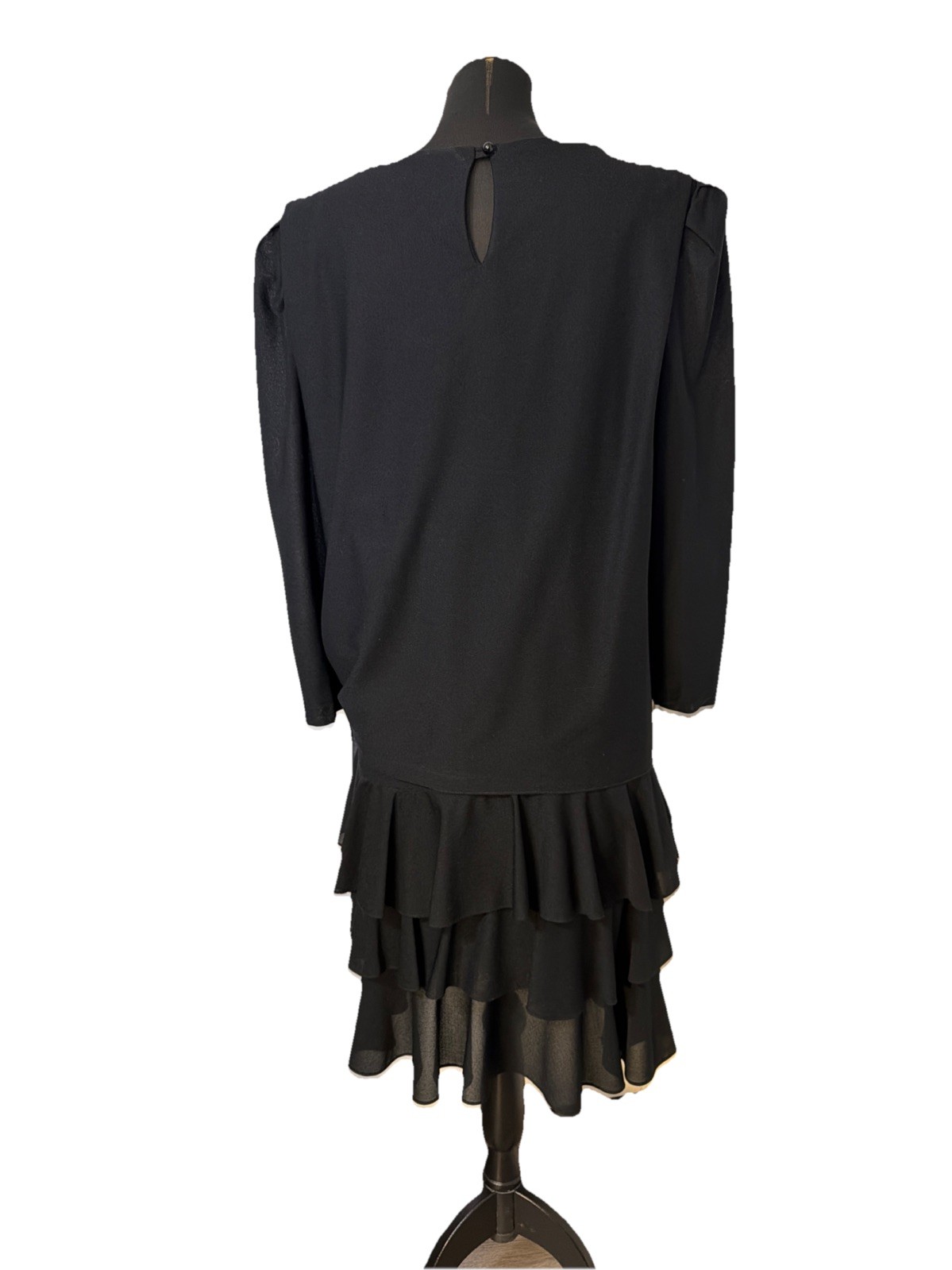 JF Vintage Dress Black Long Sleeve Layered Ruffle Tiered Skirt Drop Waist Sz 18