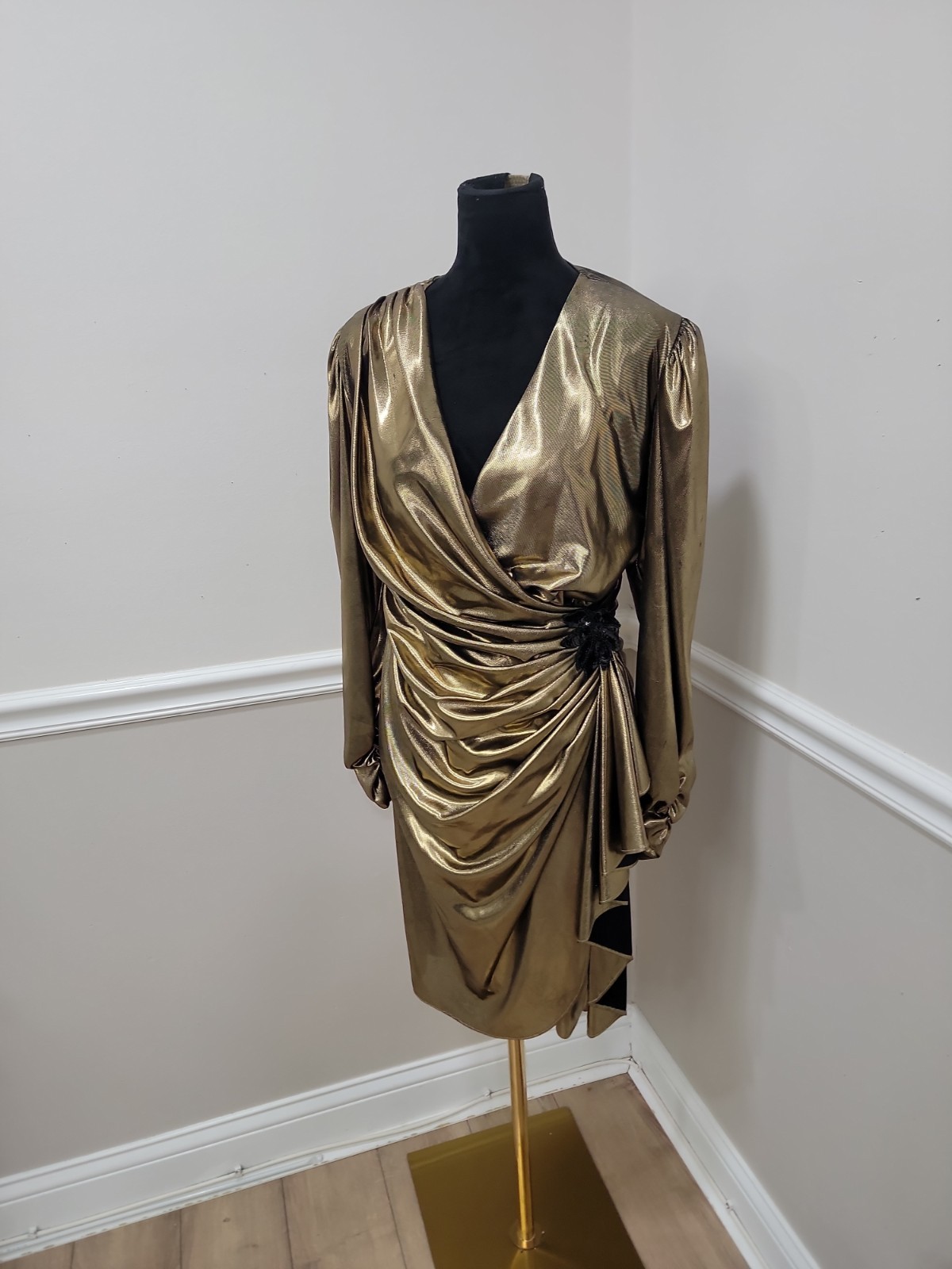 Vintage 80s Filigree Metallic Gold Lamé Ruched Wrap Cocktail Dress Draped Party