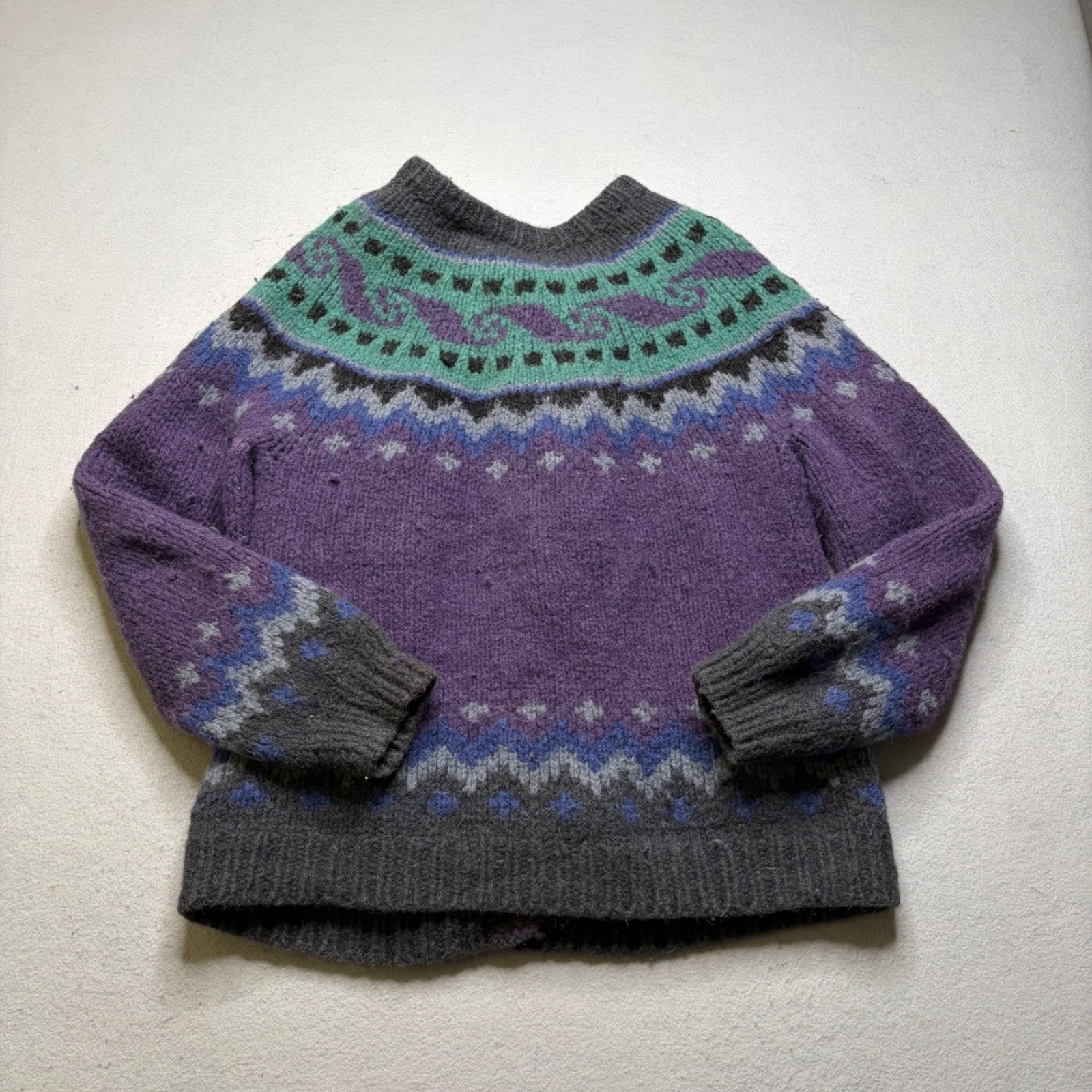 Bolivian Hand Knit Cardigan Women L Purple Teal Fair Isle Wool Vintage Sweater