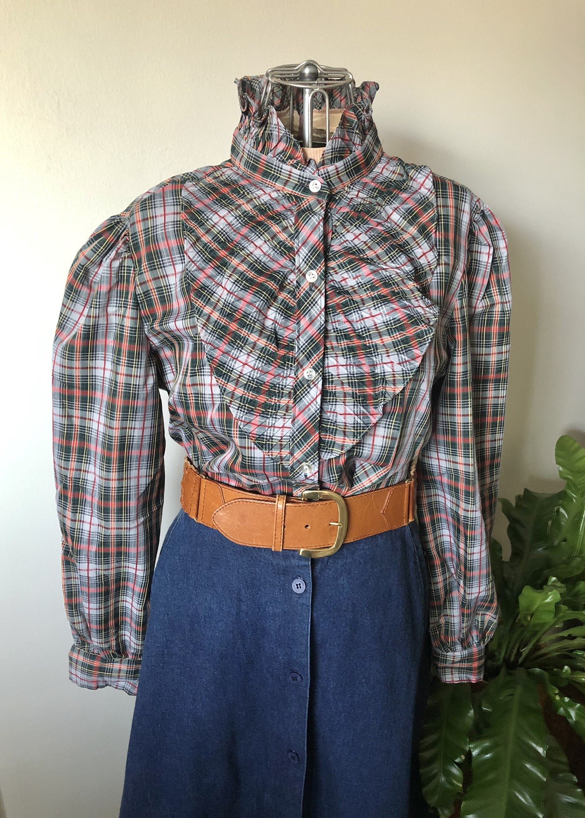 Vintage 80’s Try 1 Plaid Shirt With Pleated Ruffle Yoke & Collar
