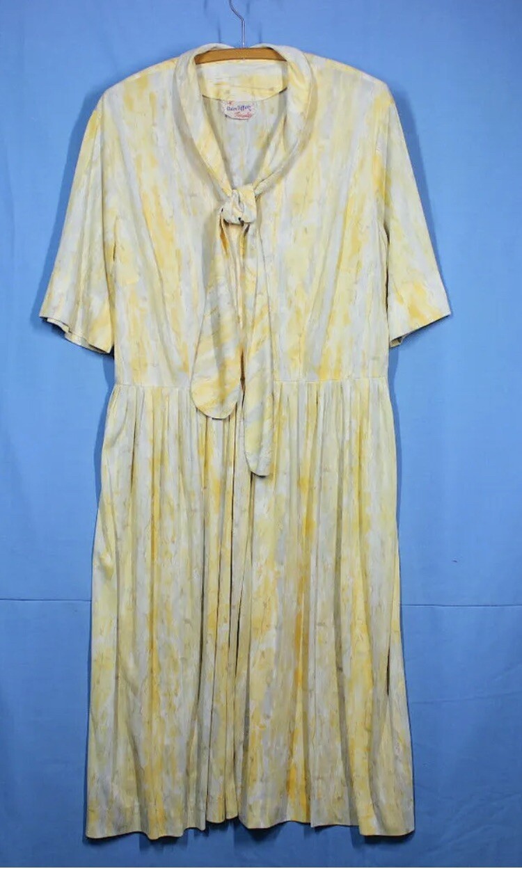 Vtg 60s Claire Tiffany Traveler Jersey Dress XXL w37 Plus Rayon Pussy Bow