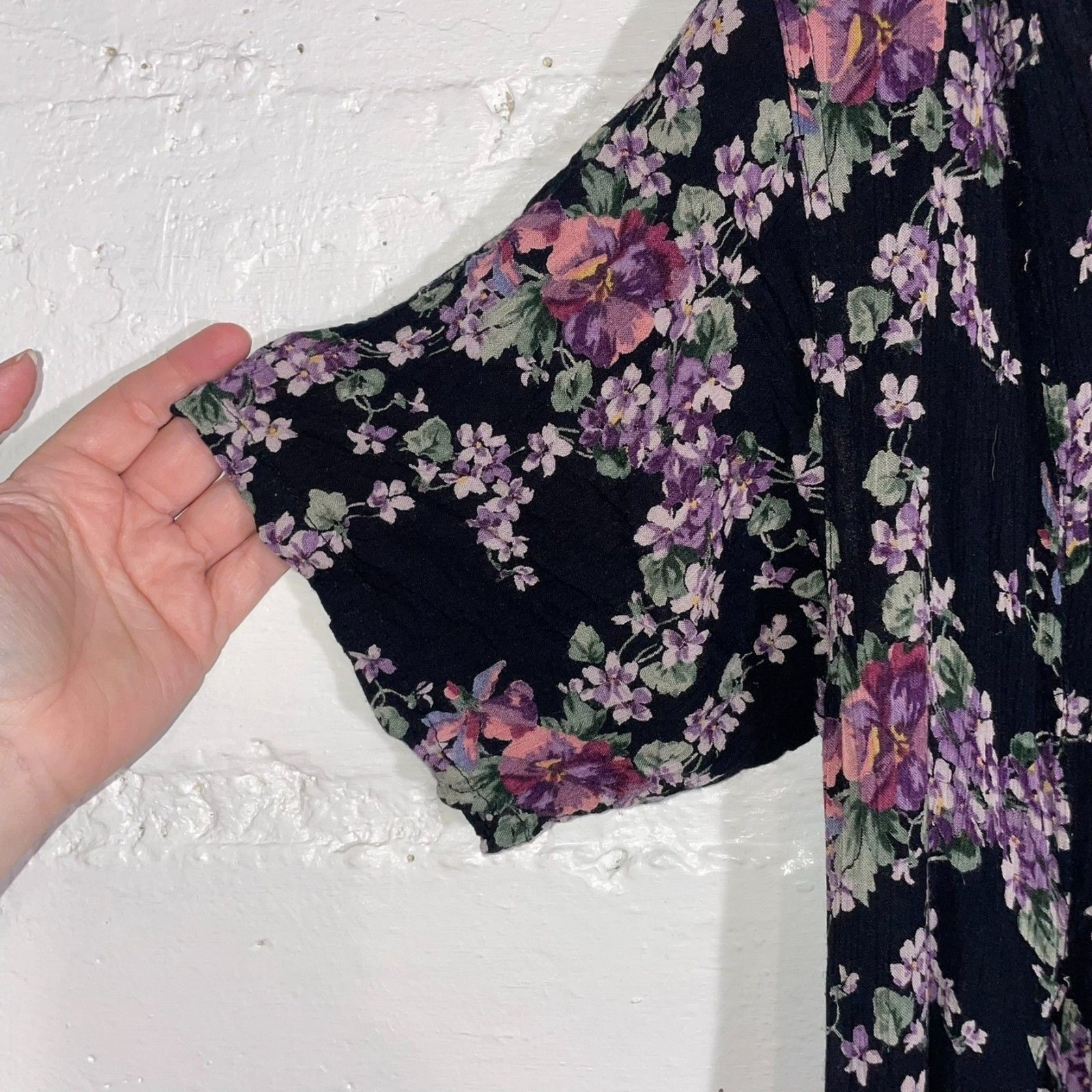 Vintage Rayon Floral Maxi Dress Black Pink Purple Size L Broadway Star