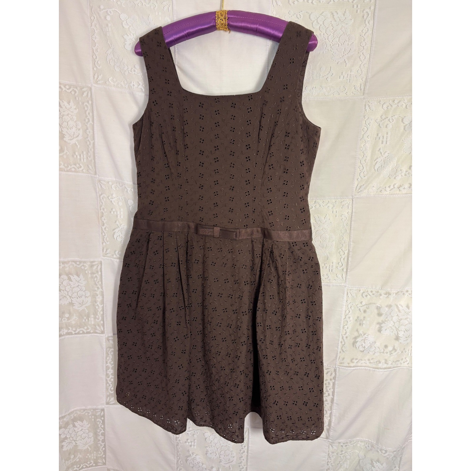 VTG Brown Cottage Twee Bow Front Babydoll Cotton Eyelet Midi Dress Size XL