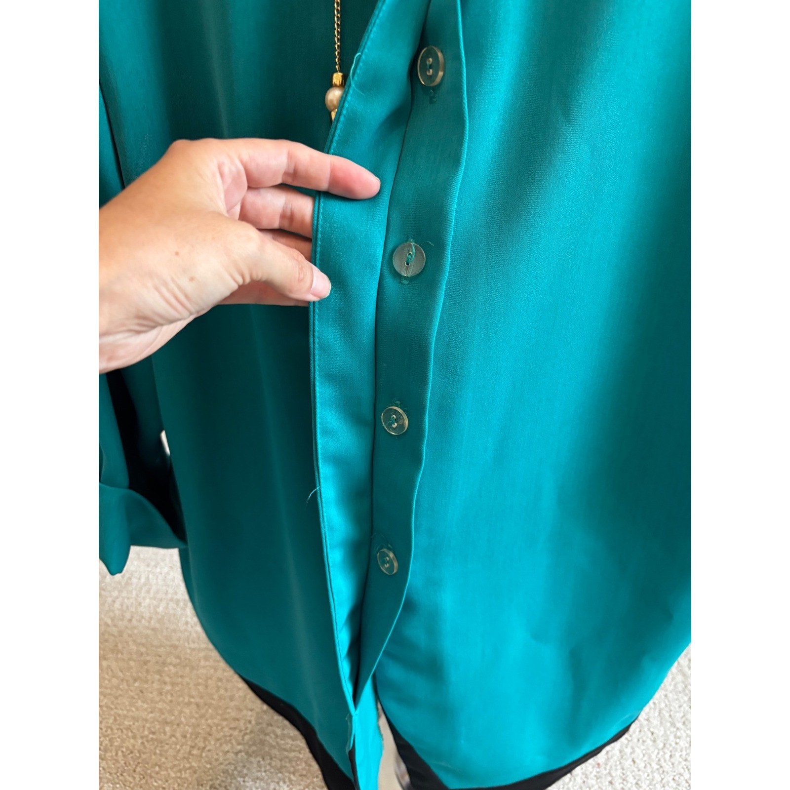 Vintage 90s Reina NY Colorblock Blouse L Teal Black Secretary Minimalist