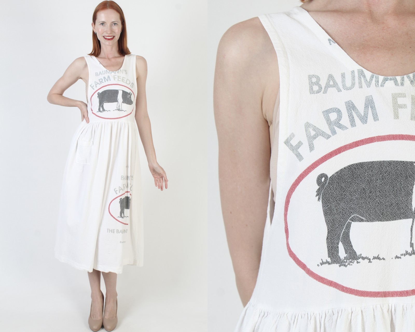 Vtg Baumanns Farm Feed Sack Dress Flour Grain Wht Country Apron Barn Pinafore