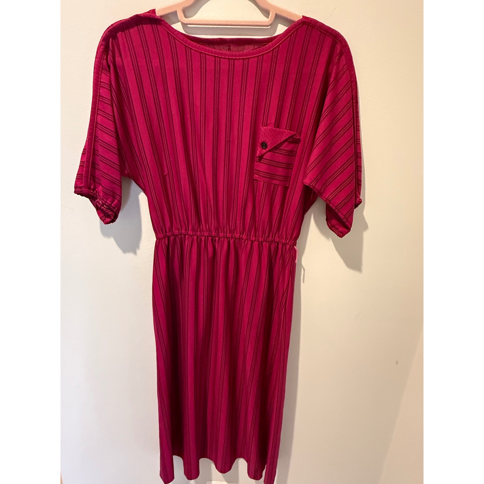 Vintage 70s Magenta Pinstripe Elastic Waist Pocket Midi Dress L