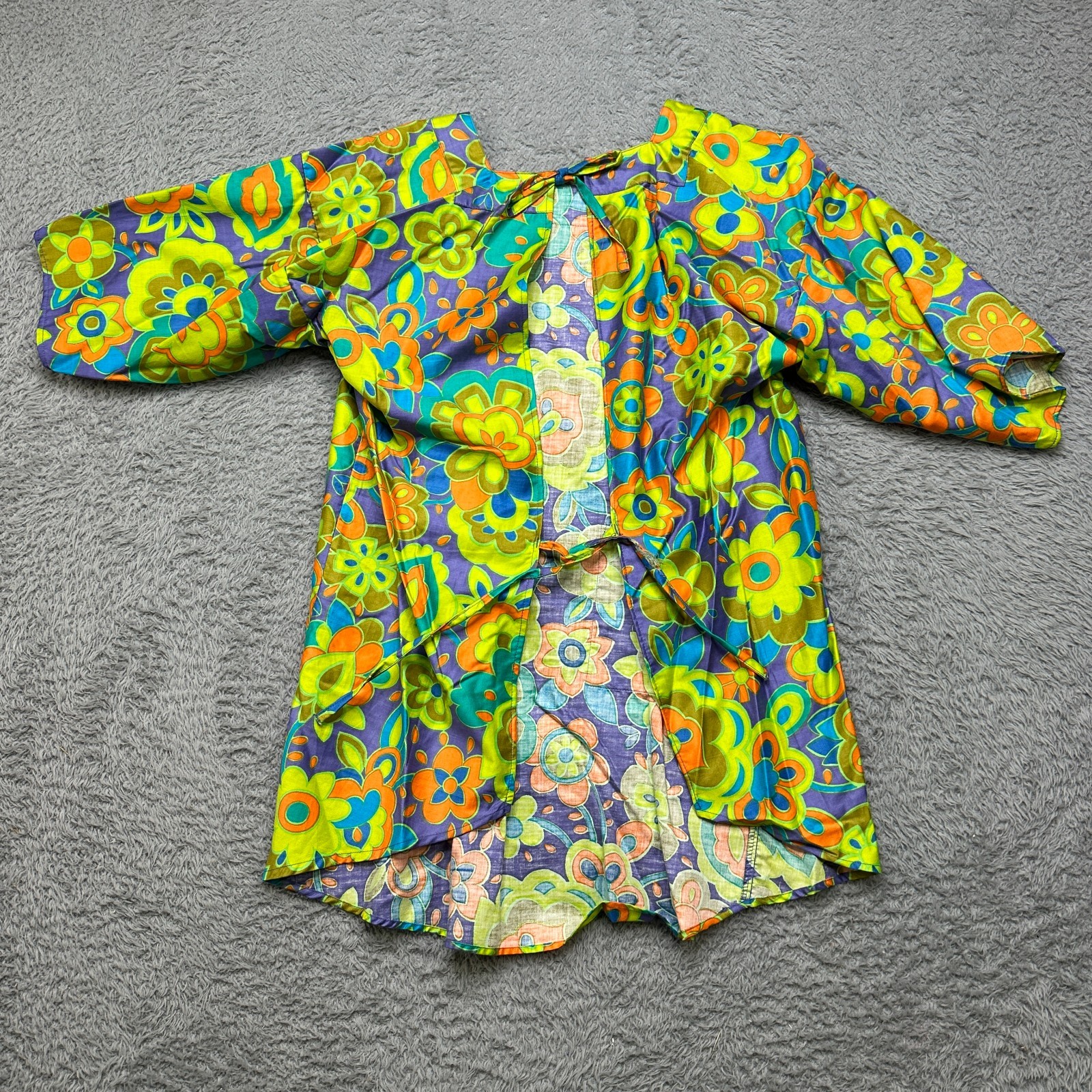 Vintage 60/70s Smock Shirt Womens M Green Groovy Mod Flower Psychedelic Top