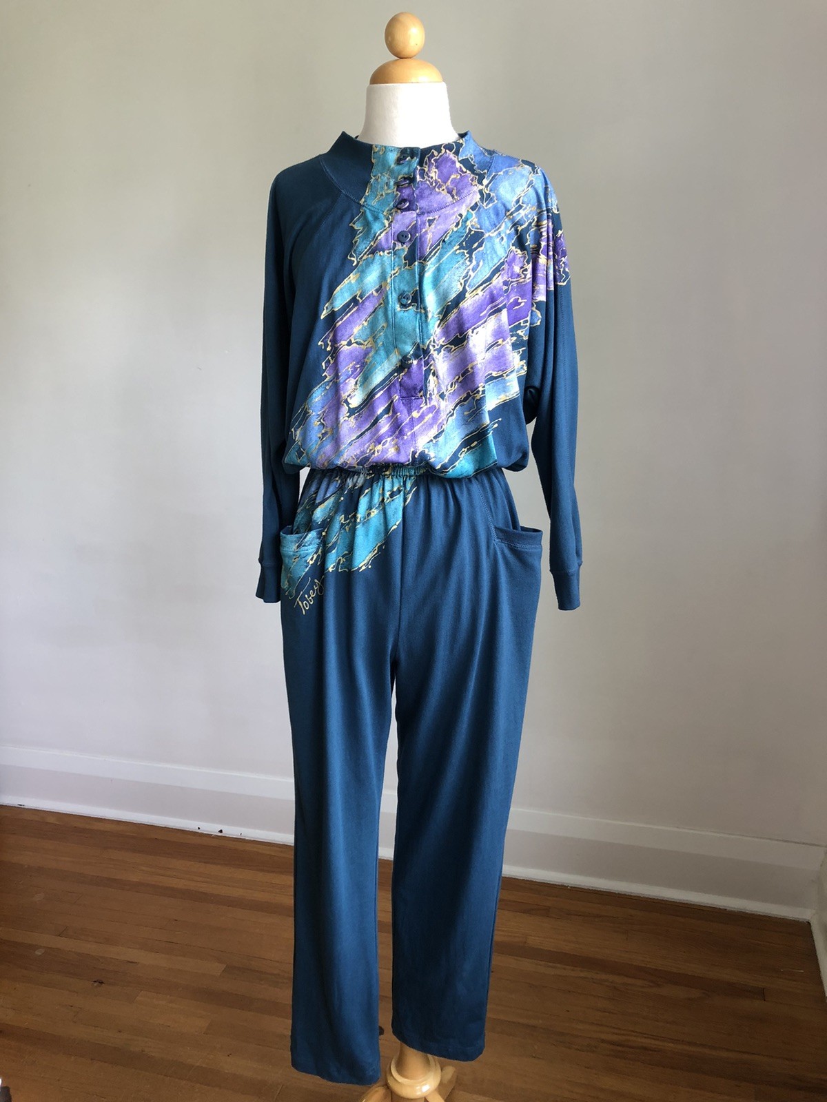 STUNNING VTG SUNBELT Blue Cotton Stretchy Hand-painted Jumper Romper Playsuit L