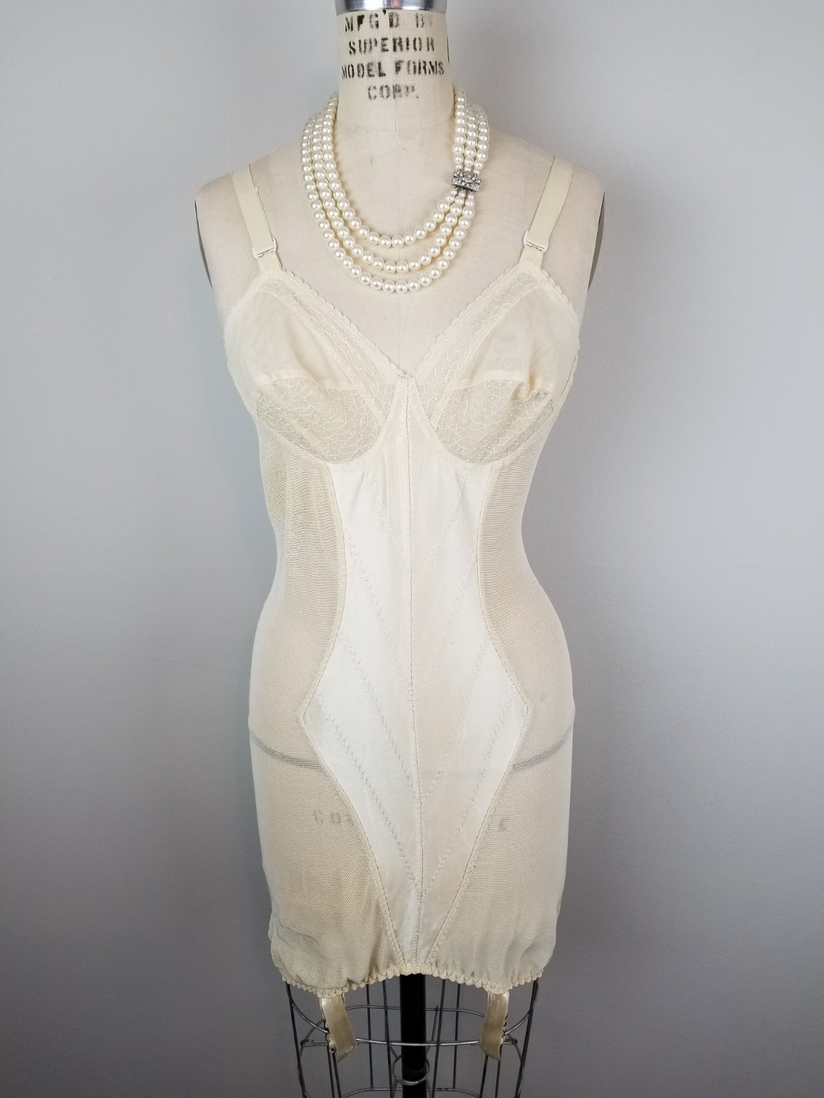 Vintage 1950 Corselette Shapewear Slip Garter Pin Up Ivory Lace & Mesh Size 34B