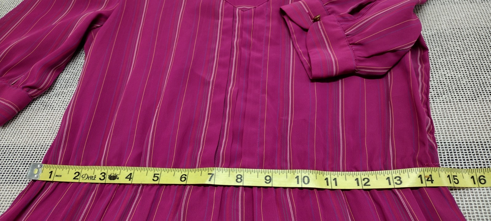 70s 80s Dress Pink Fuchsia Stripes Sheer Short Puffy Sleeve 40s 3/4 Sleeves M