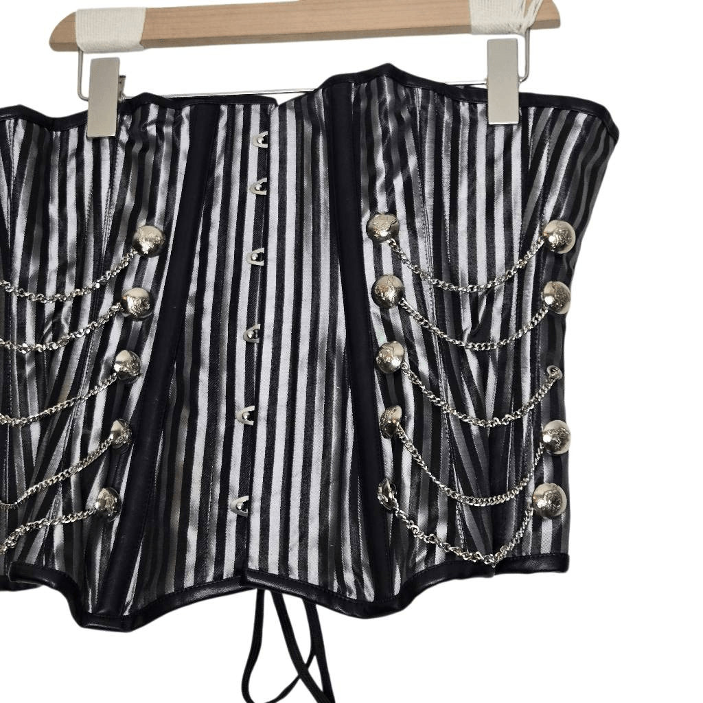 Silver Black Boned Corset Size 28 Stripe Button Chain Heavy Burlesque Steampunk