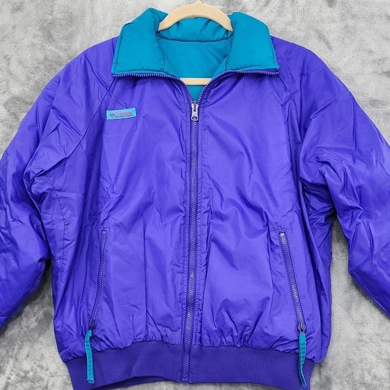 Vintage Columbia Coat Womens XL Blue Purple Reversible Radial Sleeve Puffer Zip