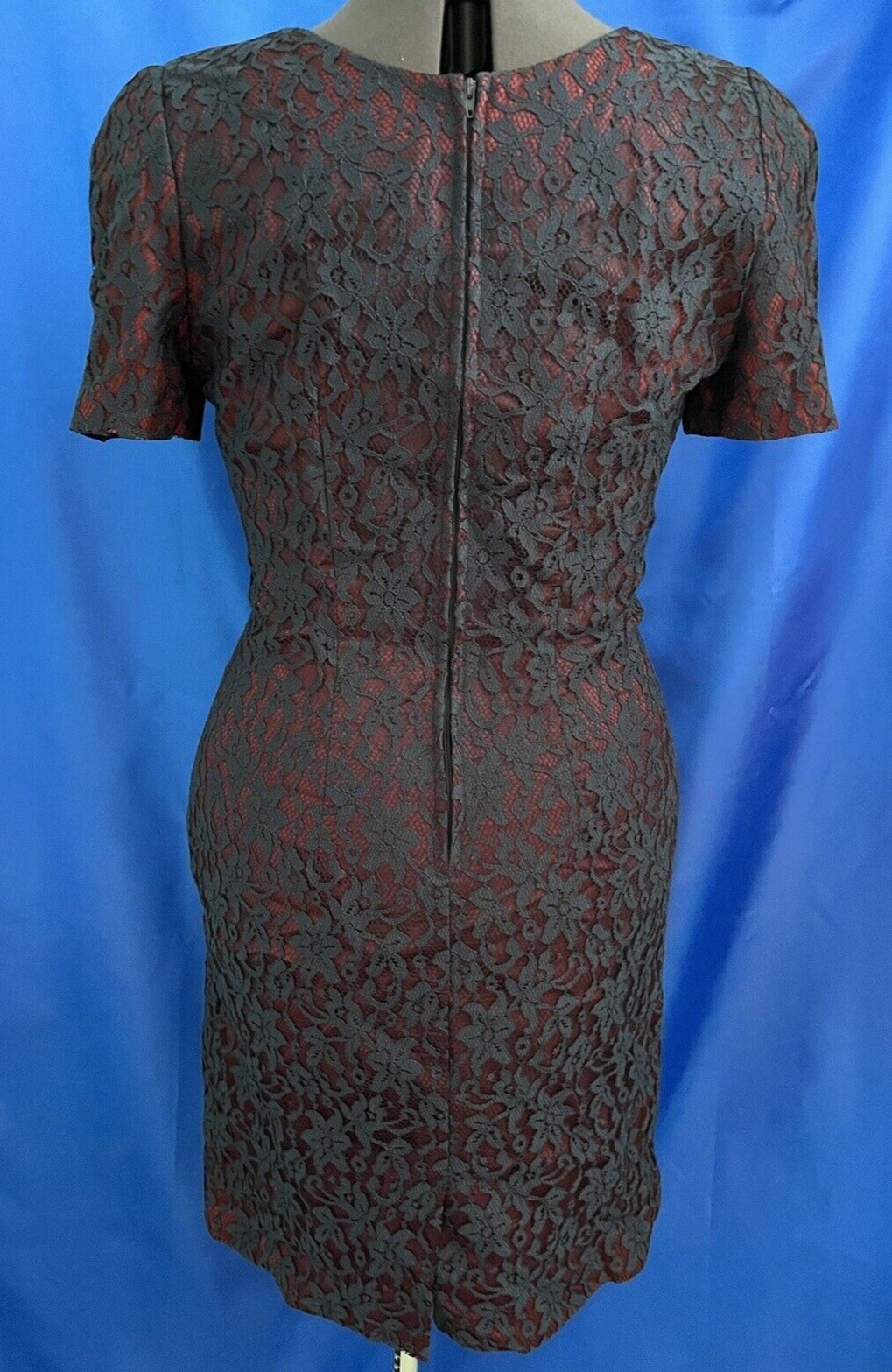 VINTAGE 70-80’s D.J.S. LTD DRESS NAVY FLORAL LACE BURGANDY LINED SHEATH SZ10