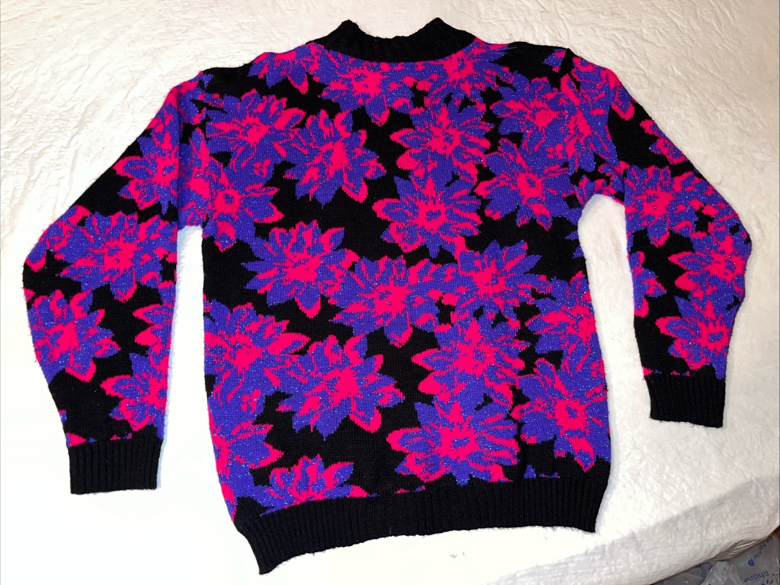 vtg 1980s Spunky USA MADE womens Medium knit sweater floral pink purple METALLIC