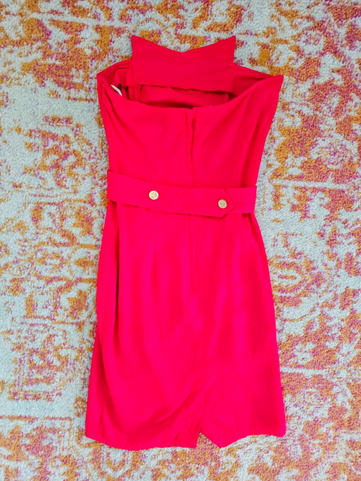 Vintage 80s Red Strapless Holiday Dress w/ Gold Buttons – La Belle – Small
