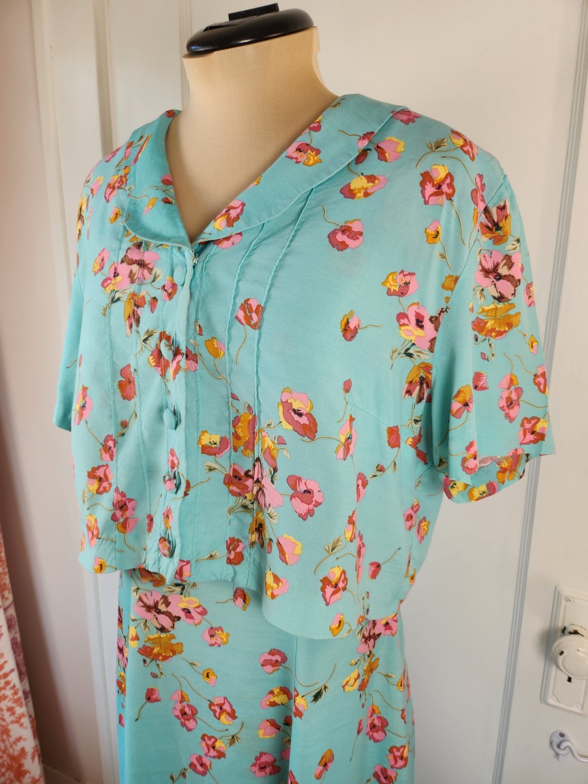 Vtg 90s Cherry Blossom Aqua Jacket Maxi Dress Karin Stevens Sz 10/Medium