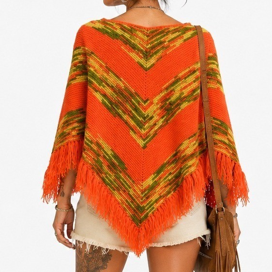 70s Vintage Fringed Poncho Orange Sweater Cape Womens XS Boho Hippie Chevron Mod