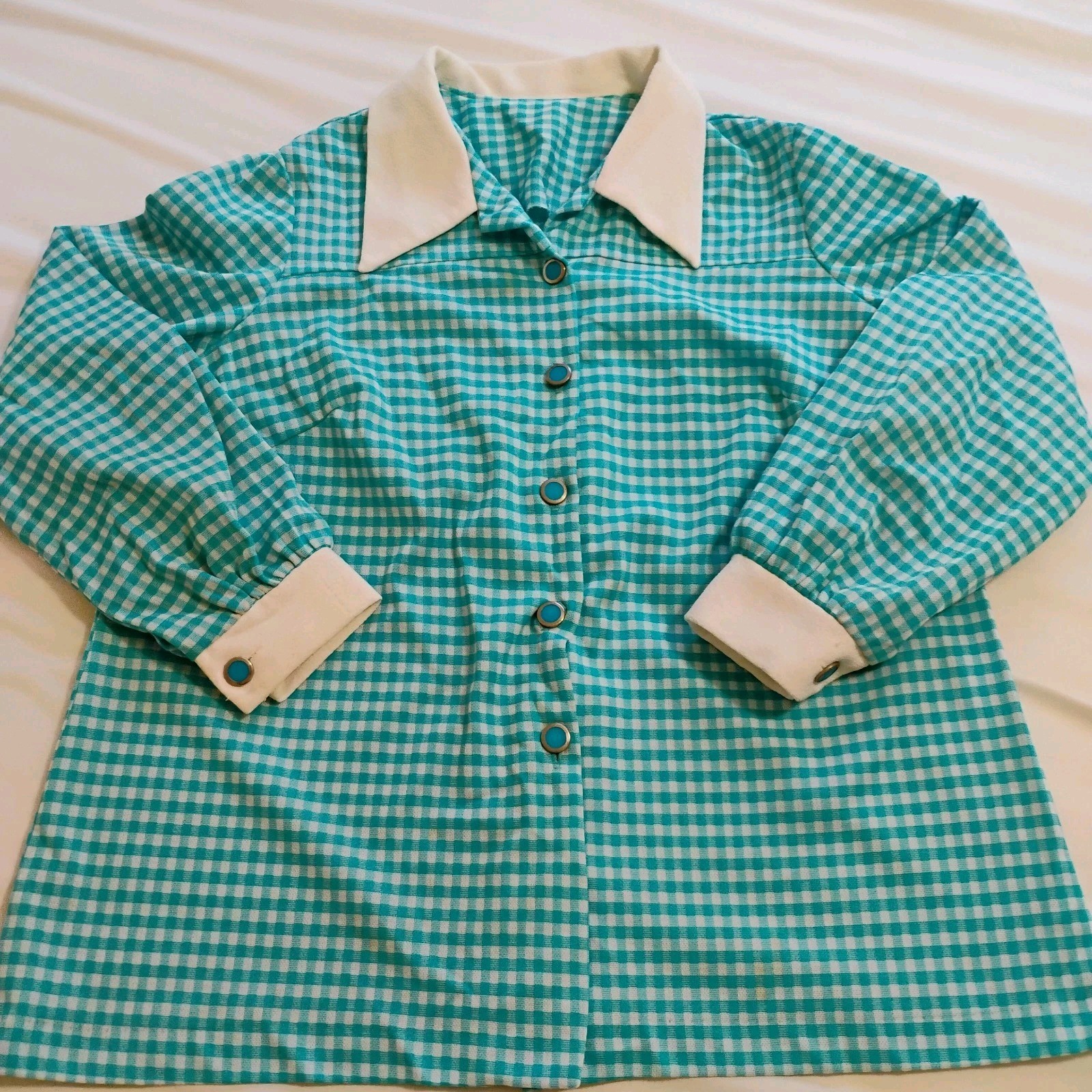 Vintage 1970’s Pointy Collar Blue Gingham Polyester Button Up Shirt Top XXL