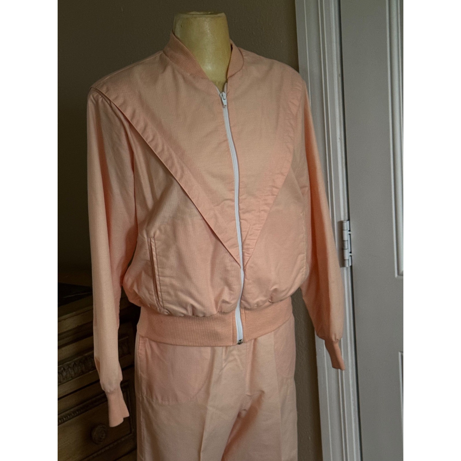 Vintage 80s Peach Tracksuit Set Retro Jacket & Pants Soft Pastel Athleisure XS