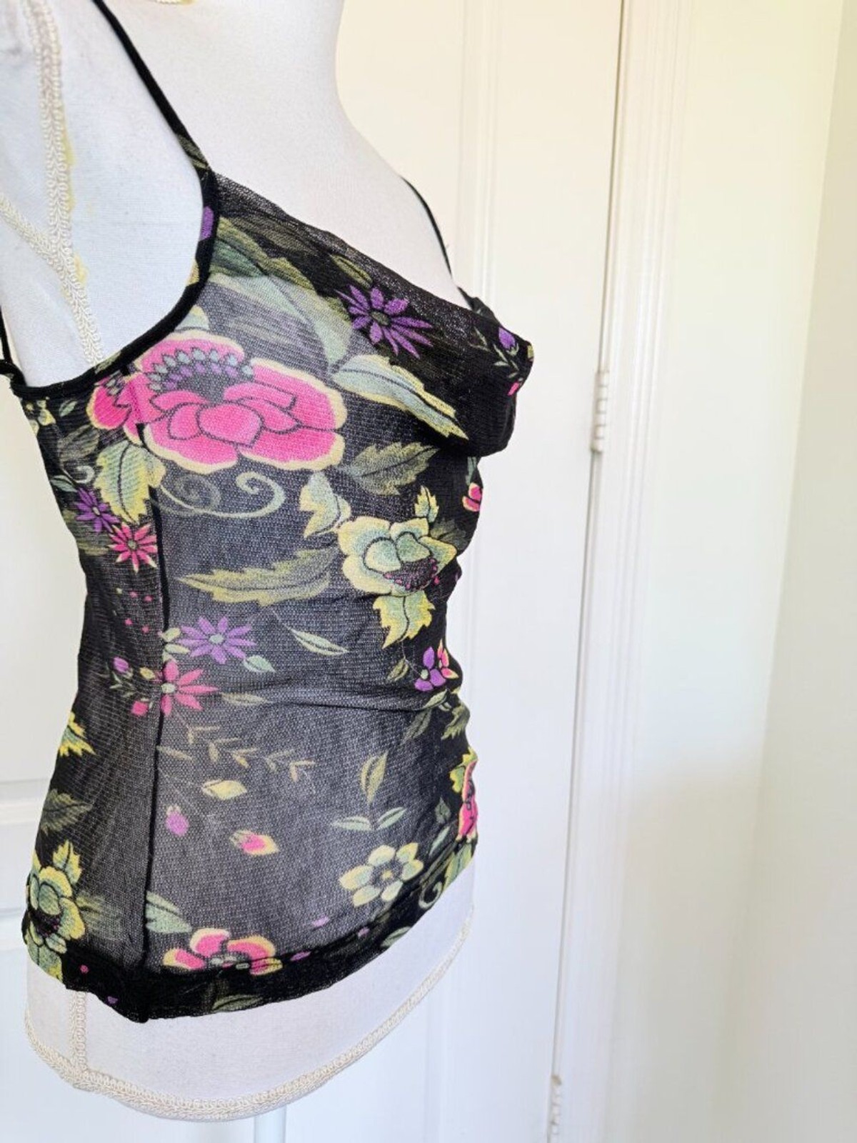 VTG 90s Vivienne Tam Mesh Floral Cami Top Cowl Neck Archival Y2K Size 3