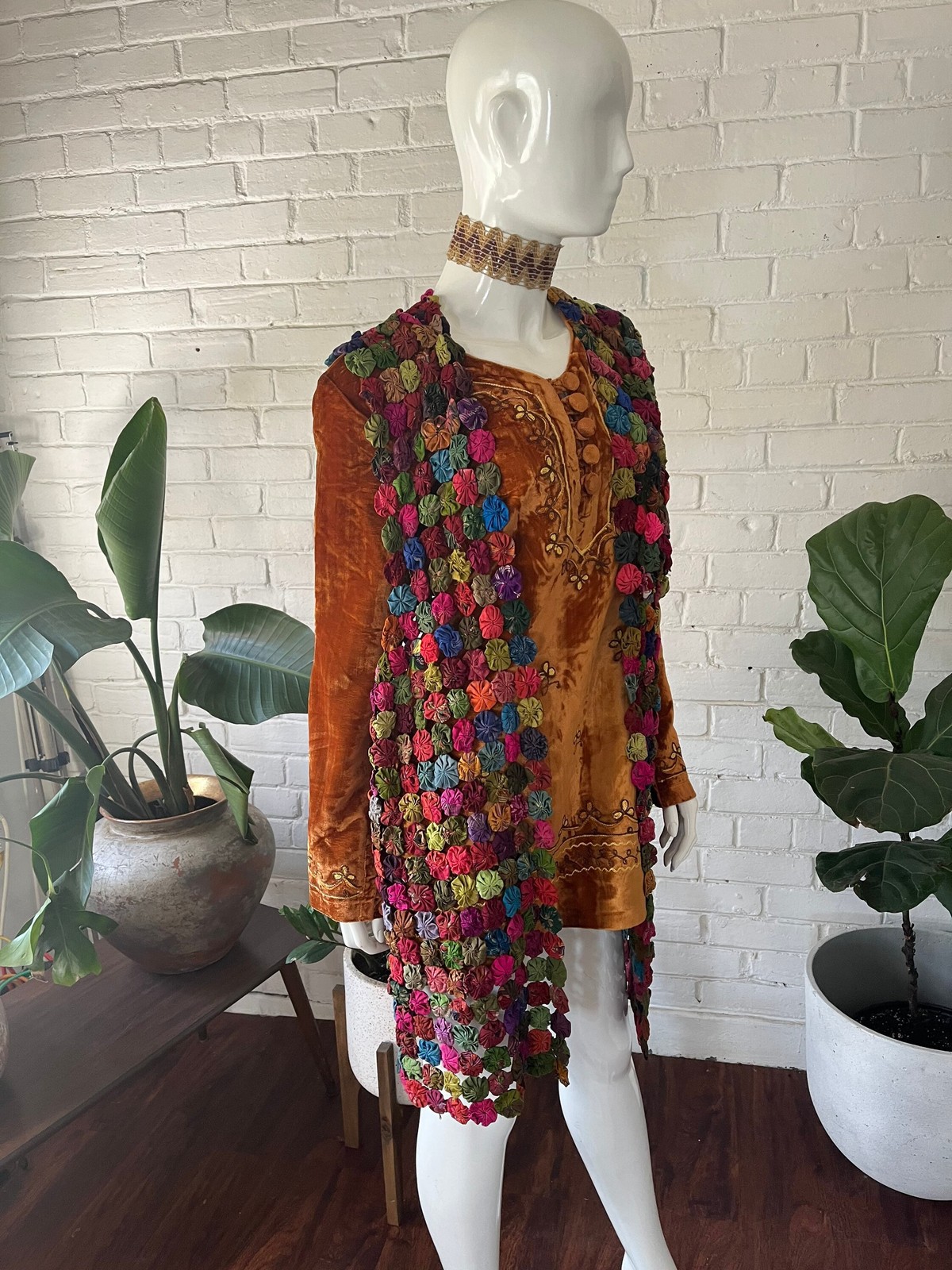 YOYO QUILT Vintage 1960s Thai Silk Rainbow Yo Yo Blanket Duster Hippie Vest