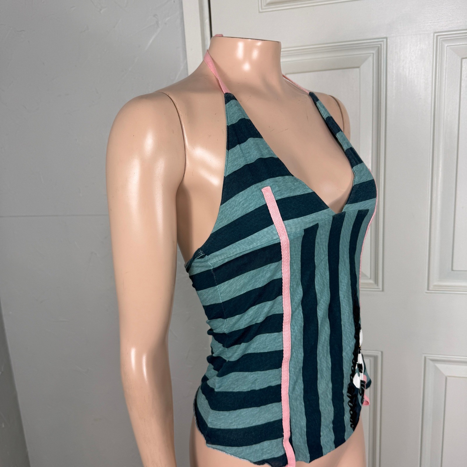Vintage Y2K 55DSL Shirt XS Halter Tank Top Cotton Knit Stripes Skater CC9